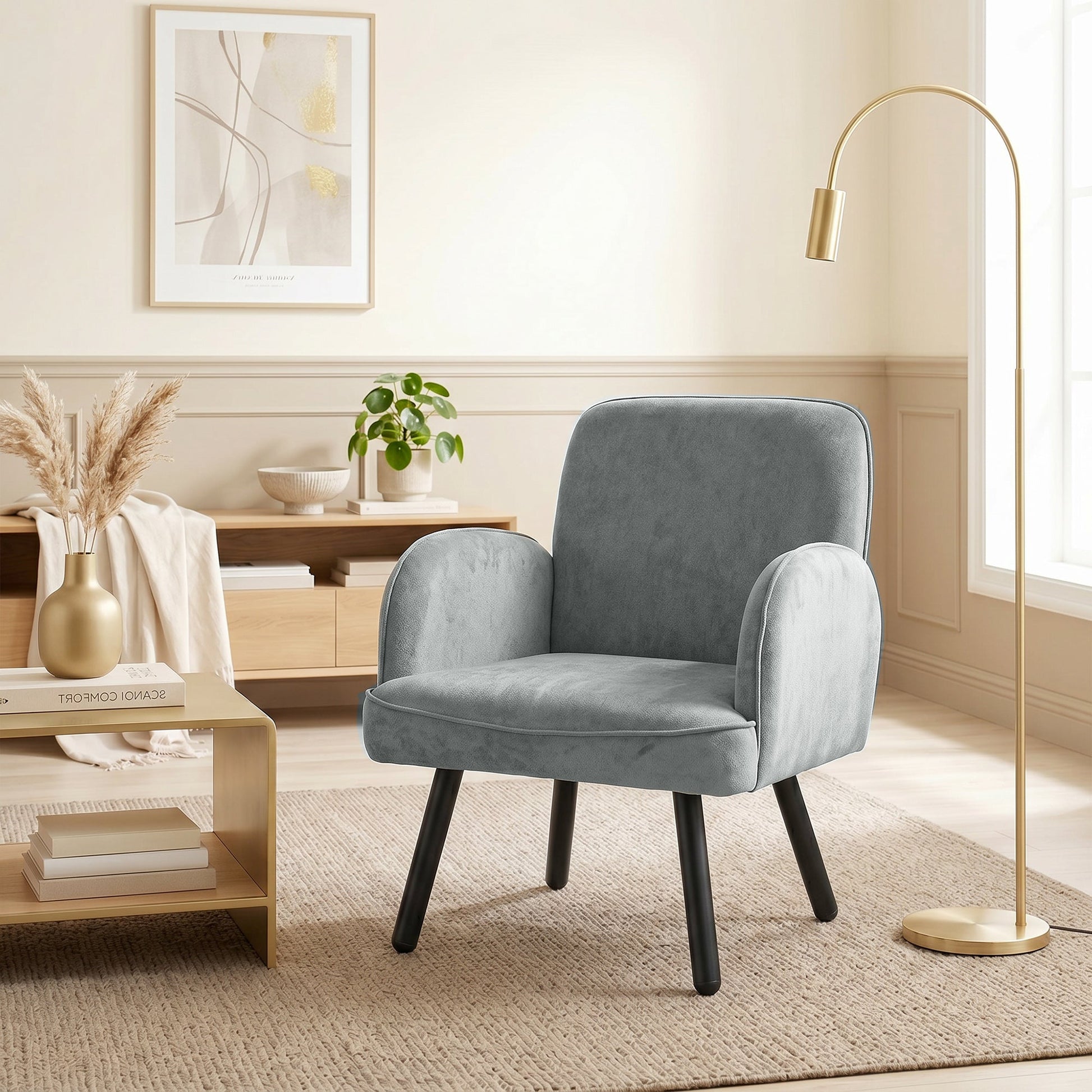 Modern Lounge Chair, Velvet Upholstered Bedroom Lounge Seat with Spring Cushion, Carbon Steel Frame, Armchair with Adjustable Feet, for Living Room, Bedroom, Study, Office, Grey
