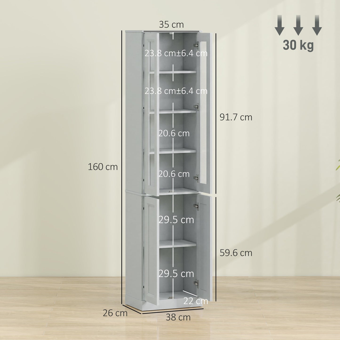 Tall Bathroom Storage Cabinet, 6-Tier Slim Freestanding Bathroom Cabinet with Adjustable Shelf, 4 Soft-Close Doors, Storage Unit for Small Space, 38 x 26 x 160 cm, Dusty Blue