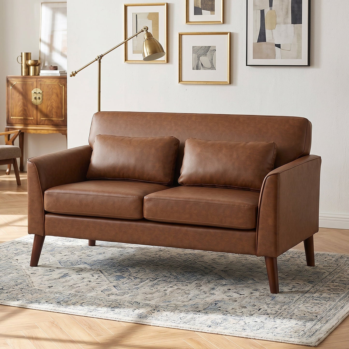 2 Seater Sofa, 132 cm Modern Small Sofa, PU Leather Upholstered Loveseat with Solid Wood Legs and 2 Pillows, Couch Settee for Small Space, Living Room, Bedroom, Home Office, Brown