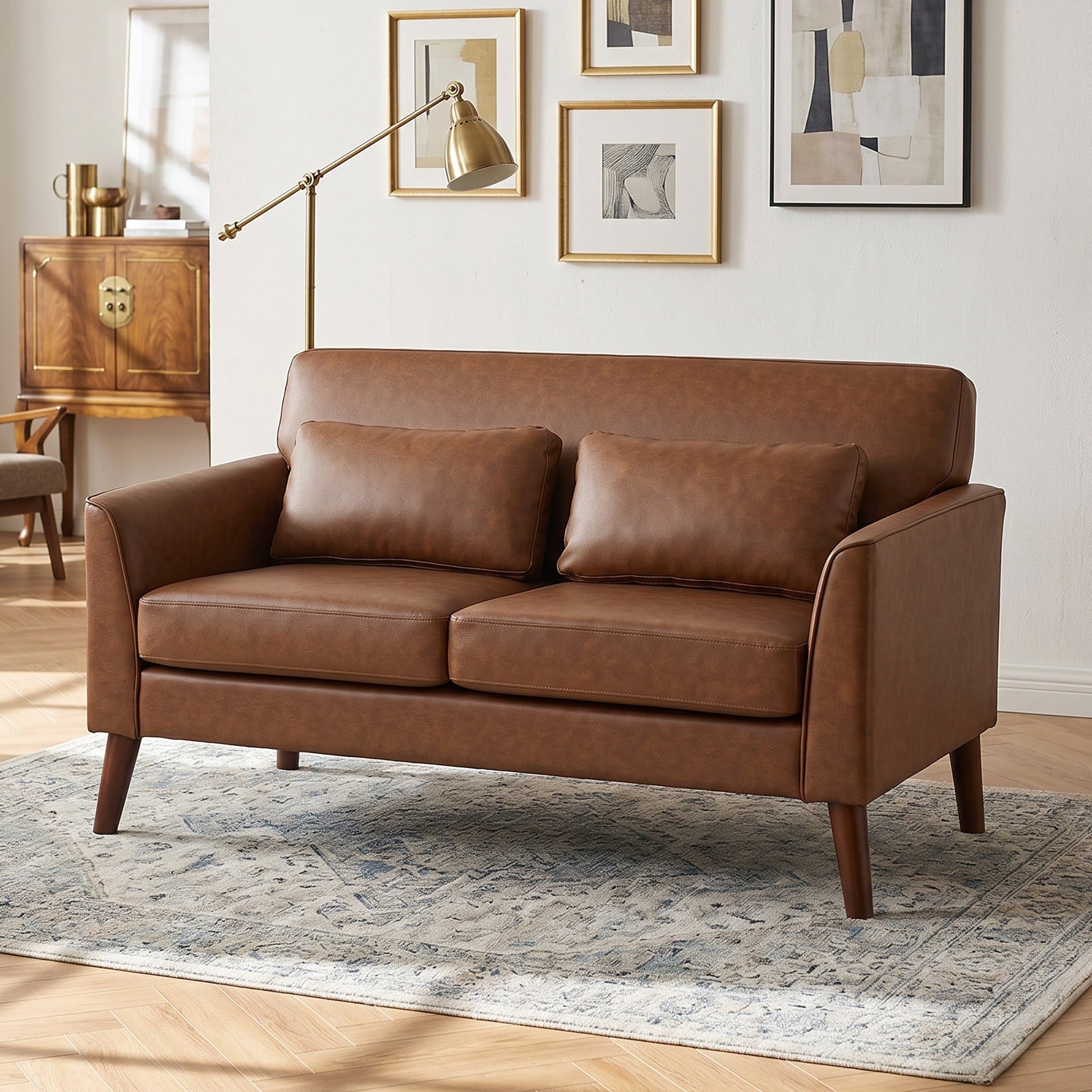 2 Seater Sofa, 132 cm Modern Small Sofa, PU Leather Upholstered Loveseat with Solid Wood Legs and 2 Pillows, Couch Settee for Small Space, Living Room, Bedroom, Home Office, Brown
