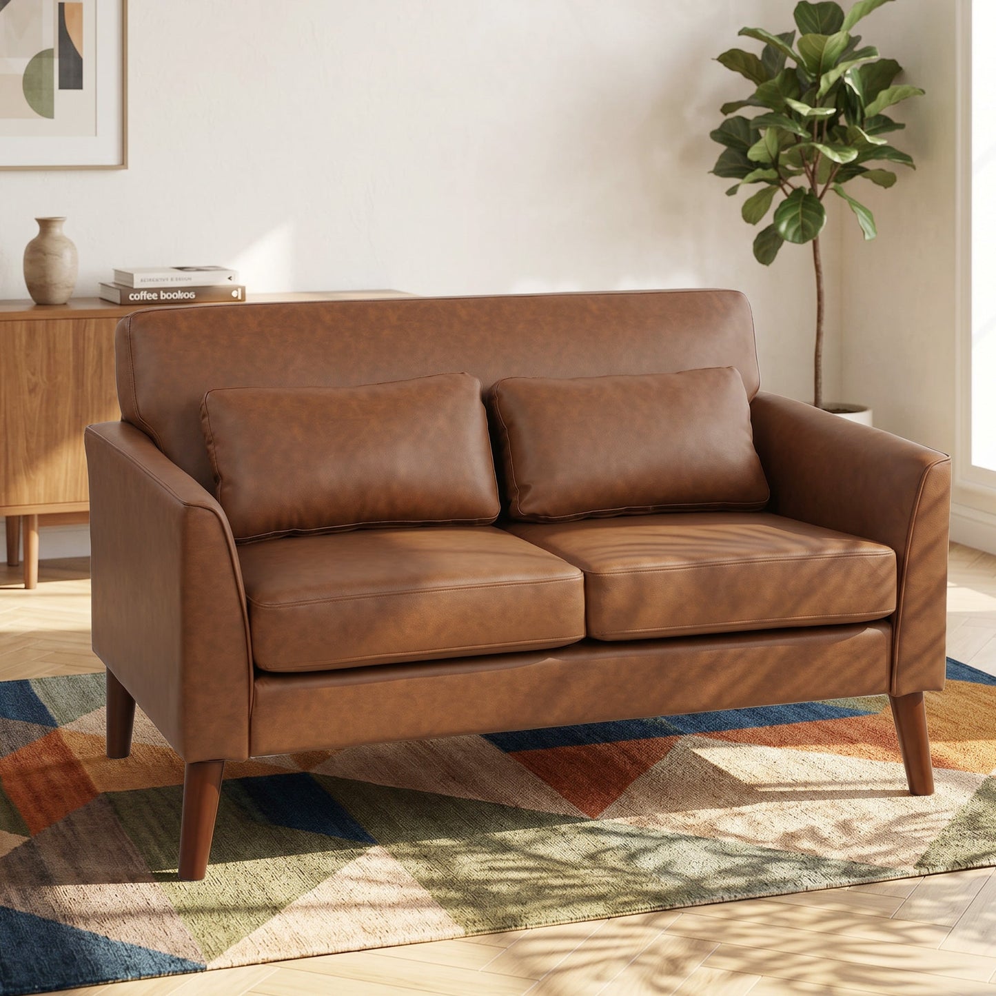 2 Seater Sofa, 132 cm Modern Small Sofa, PU Leather Upholstered Loveseat with Solid Wood Legs and 2 Pillows, Couch Settee for Small Space, Living Room, Bedroom, Home Office, Brown