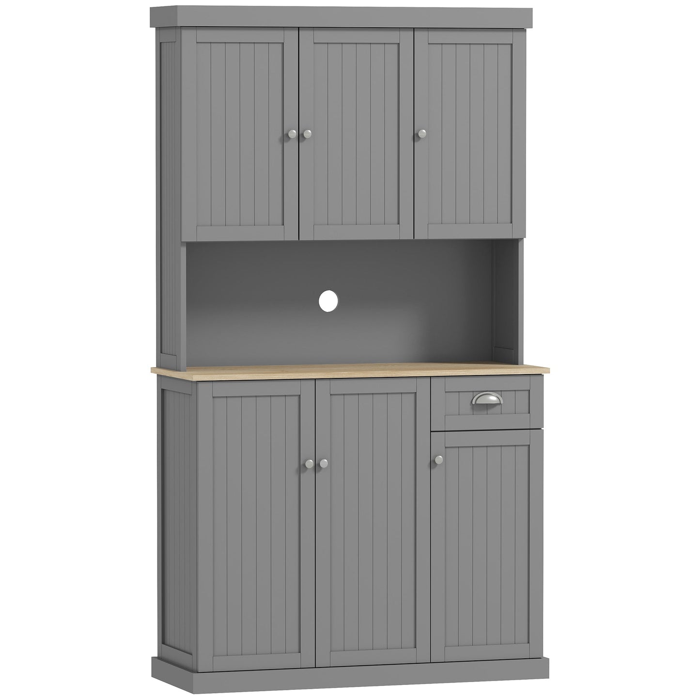 180cm Kitchen Cupboard with 6 Doors, Modern Kitchen Storage Cabinet with Microwave Oven Countertop, Drawer, Adjustable Shelves and Cable Hole, Grey