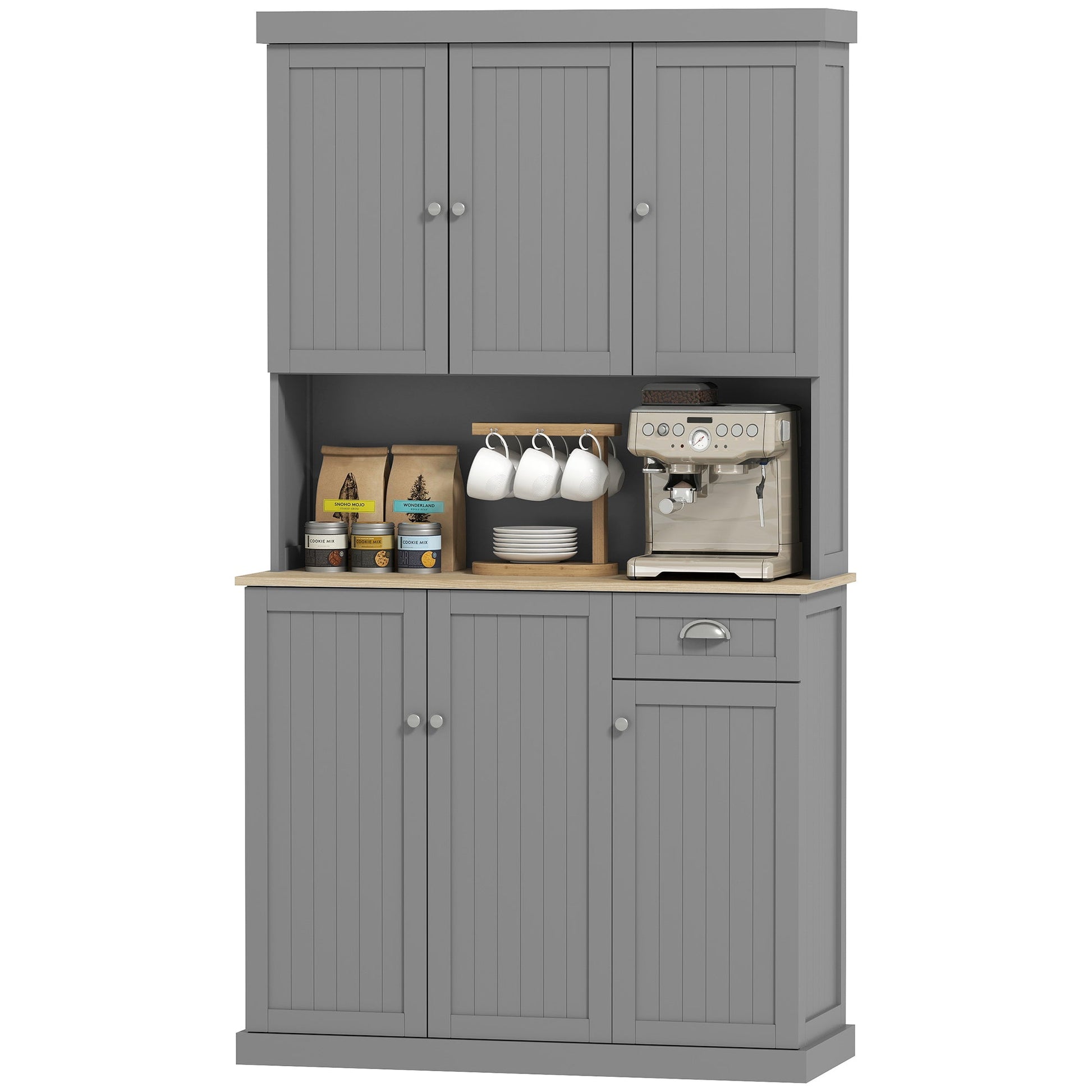180cm Kitchen Cupboard with 6 Doors, Modern Kitchen Storage Cabinet with Microwave Oven Countertop, Drawer, Adjustable Shelves and Cable Hole, Grey
