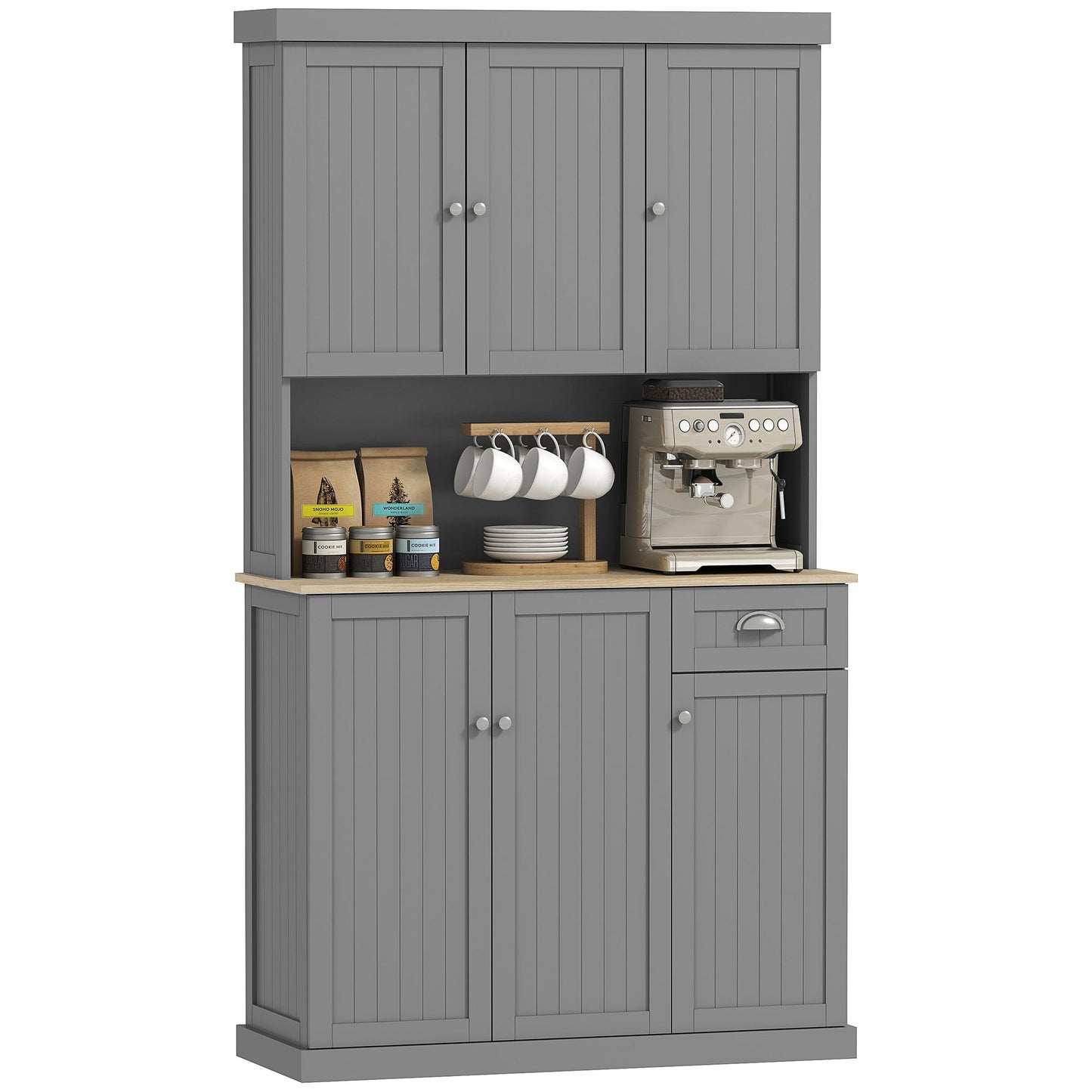 180cm Kitchen Cupboard with 6 Doors, Modern Kitchen Storage Cabinet with Microwave Oven Countertop, Drawer, Adjustable Shelves and Cable Hole, Grey