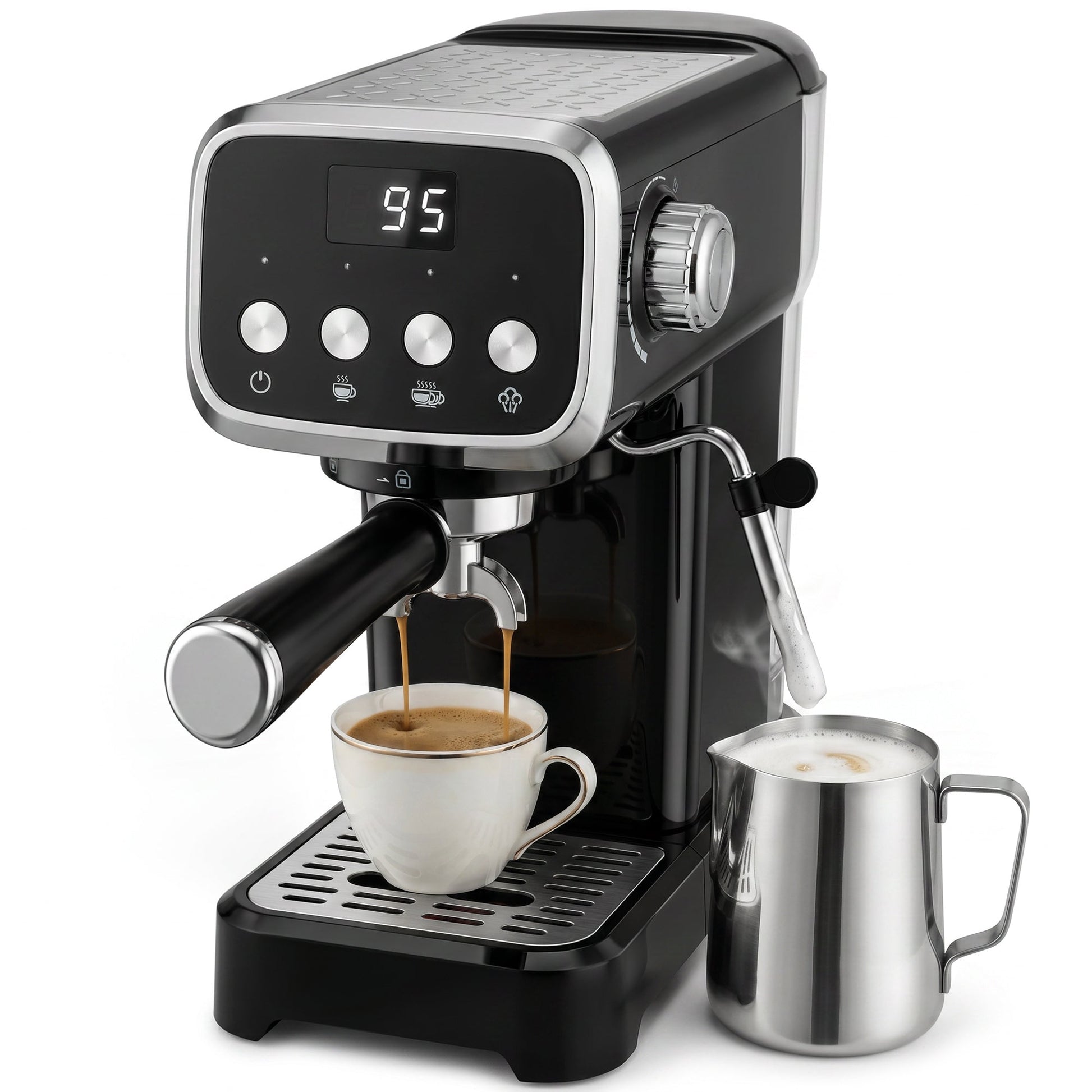 Espresso Machine with Milk Frother Wand, 1350W Semi Automatic 20 Bar Coffee Machine with 1.2L Water Tank, Latte and Cappuccino Maker with Single/Double Shot, Hot Water, Cup Warming, Black