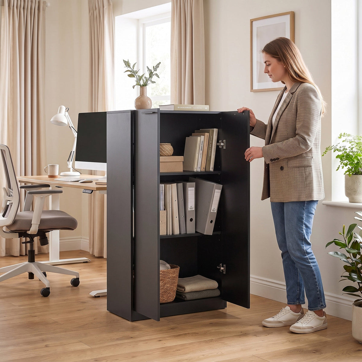 120 cm Tall Storage Cabinet Cupboard, 3-Tier File Organiser Wooden Filing Cabinet, Soft-Close Hinges, for Tool Garage Storage, Home Office, Study, Living Room, Black