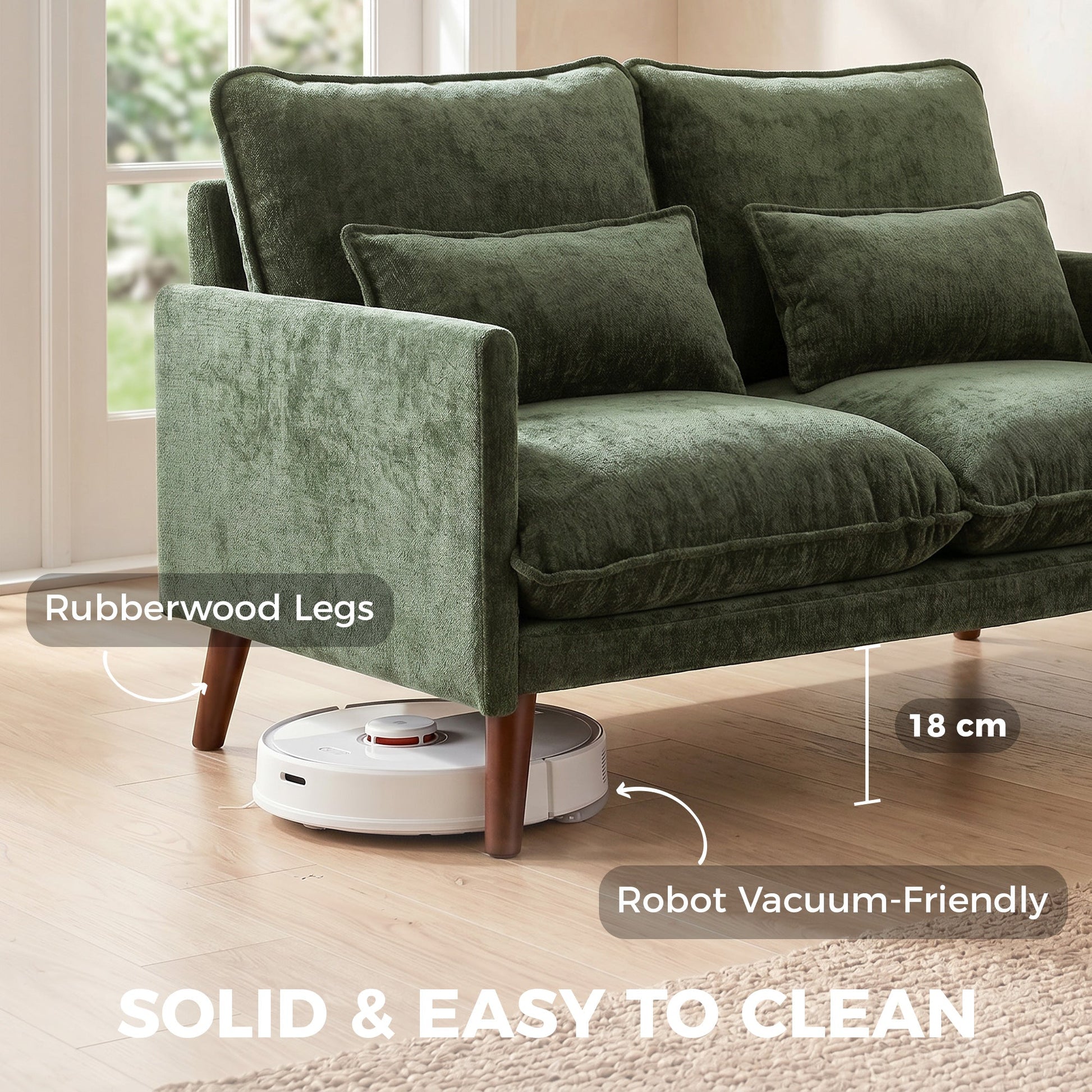 2 Seater Sofa, 131cm Velvet-Feel Fabric Loveseat Sofa with Spring Cushions, Wide and Deep Seat, Wood Legs, 2 Pillows, Modern Couch Settee for Small Space, Living Room, Bedroom, Office, Green