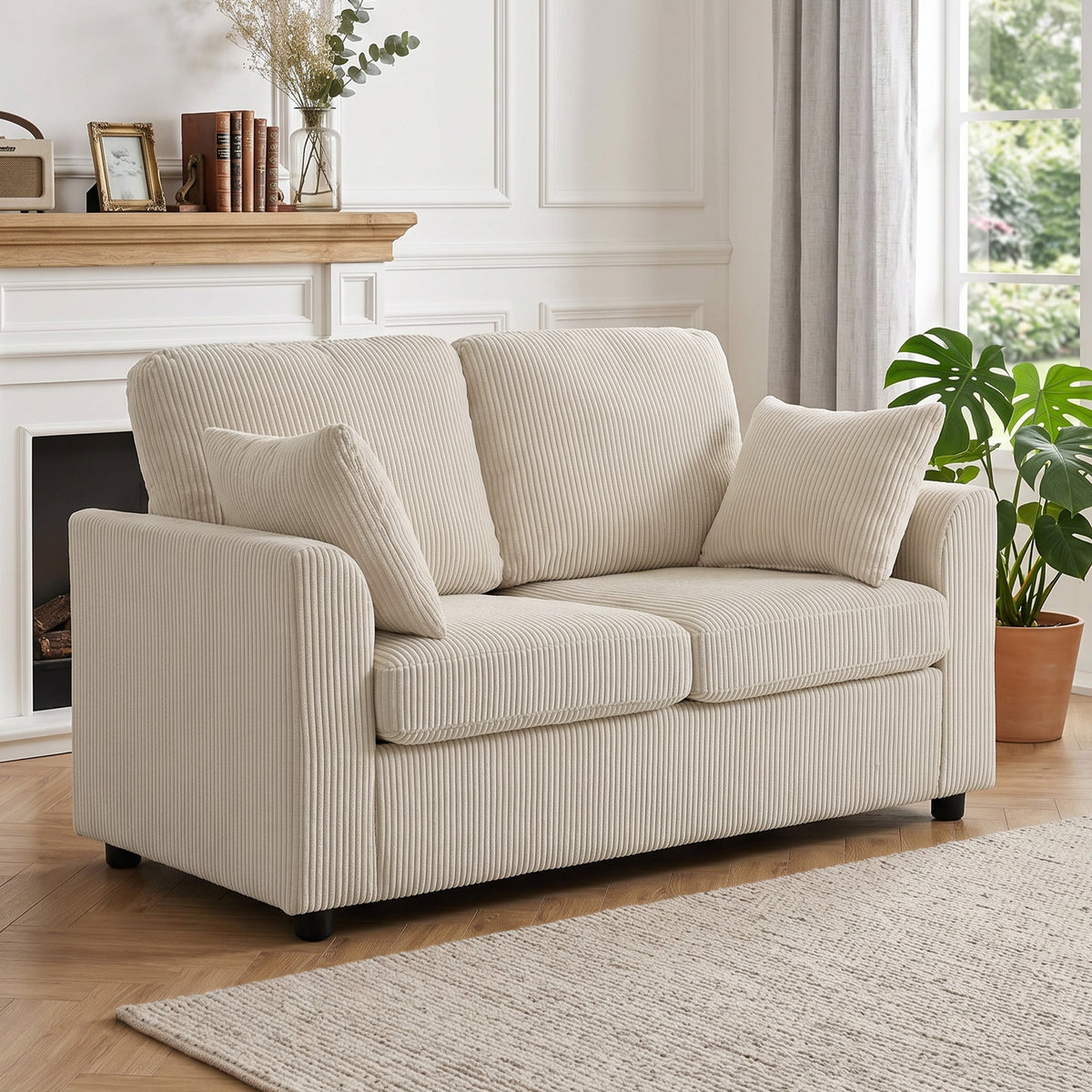 2 Seater Sofa, 144cm Corduroy Small Couch with Spring Cushion, Wide and Deep Seat, Plush Backrest, 2 Pillows, Loveseat Sofa Settee for Small Space, Living Room, Bedroom, Home Office, Beige