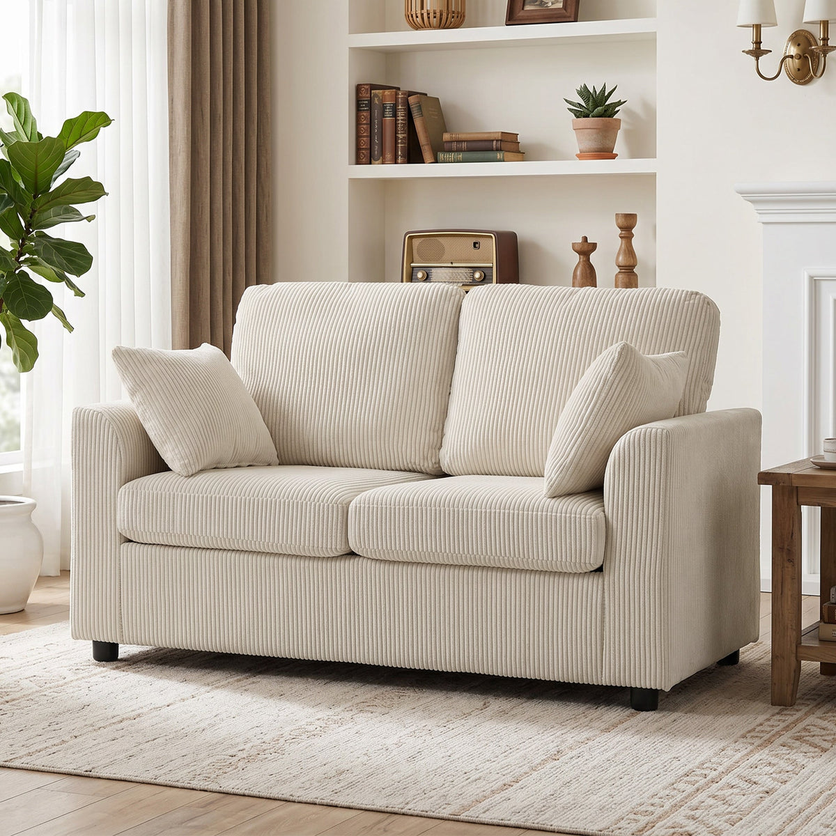 2 Seater Sofa, 144cm Corduroy Small Couch with Spring Cushion, Wide and Deep Seat, Plush Backrest, 2 Pillows, Loveseat Sofa Settee for Small Space, Living Room, Bedroom, Home Office, Beige
