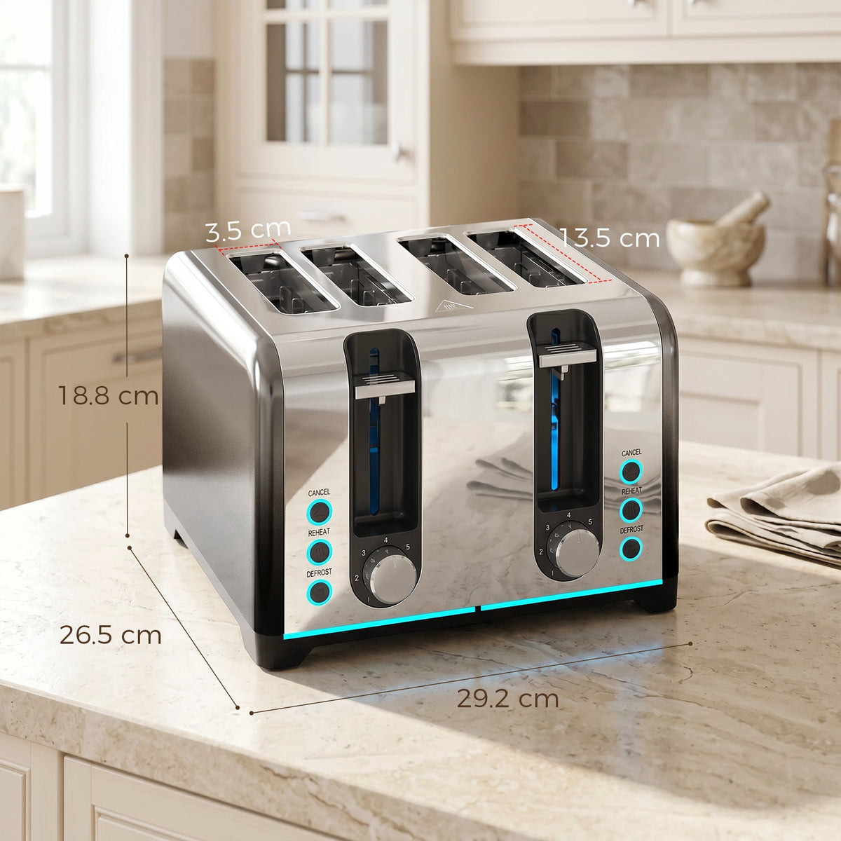4 Slice Toaster with 7 Browning Levels, Reheat, Defrost and Cancel Functions, Self-Centring Slots, Auto Shut-Off, Removable Crumb Tray, 1860W, Black