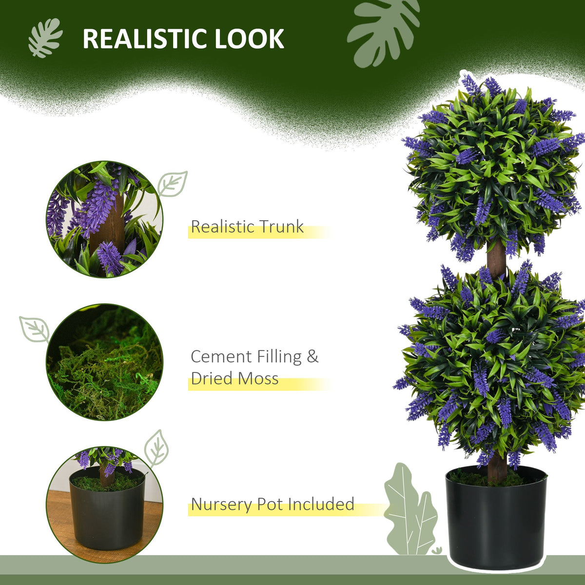 HOMCOM Set of 2 Decorative Artificial Plants Ball Trees with Lavender Flowers in Pot Fake Plants for Home Indoor Outdoor Decor, 70cm