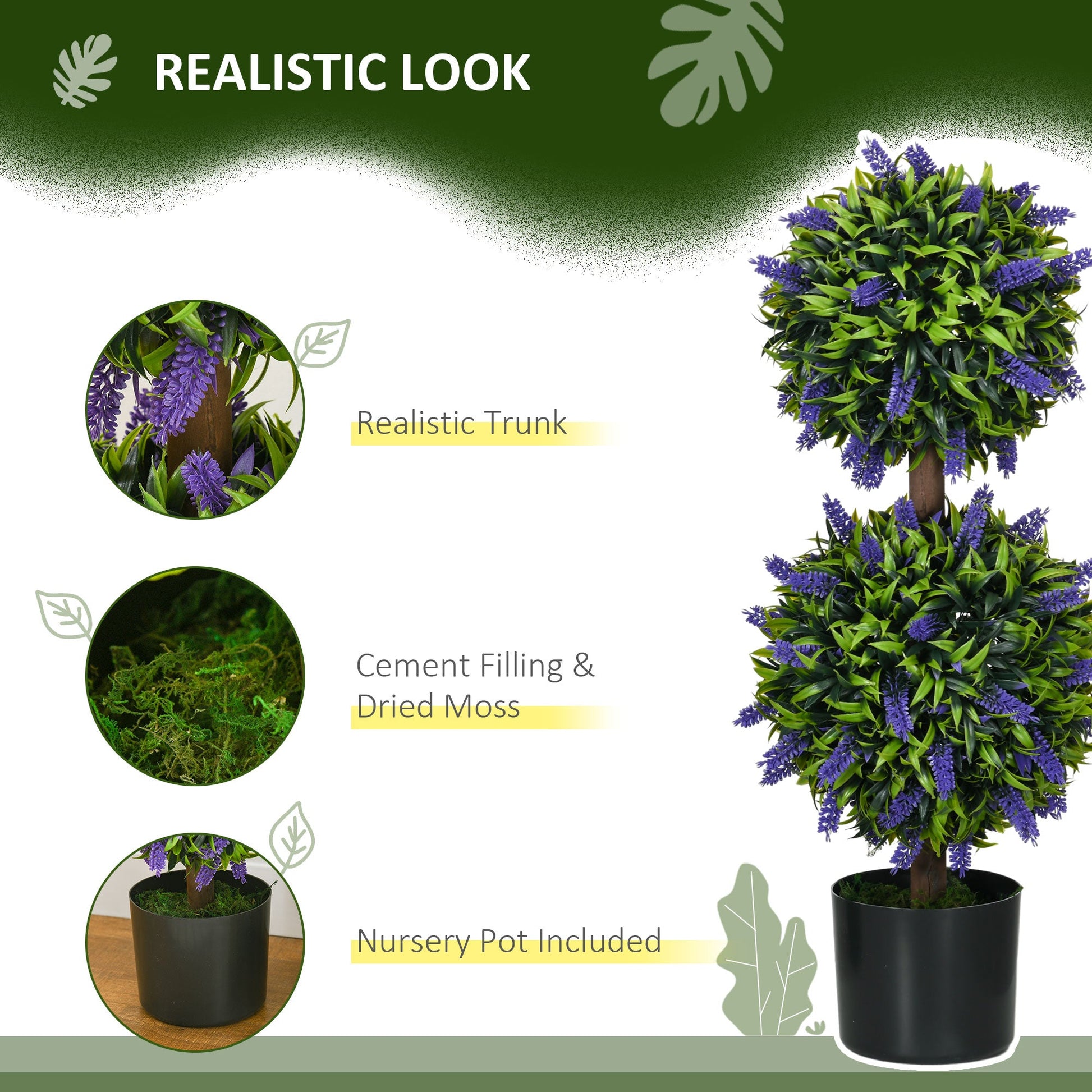 HOMCOM Set of 2 Decorative Artificial Plants Ball Trees with Lavender Flowers in Pot Fake Plants for Home Indoor Outdoor Decor, 70cm