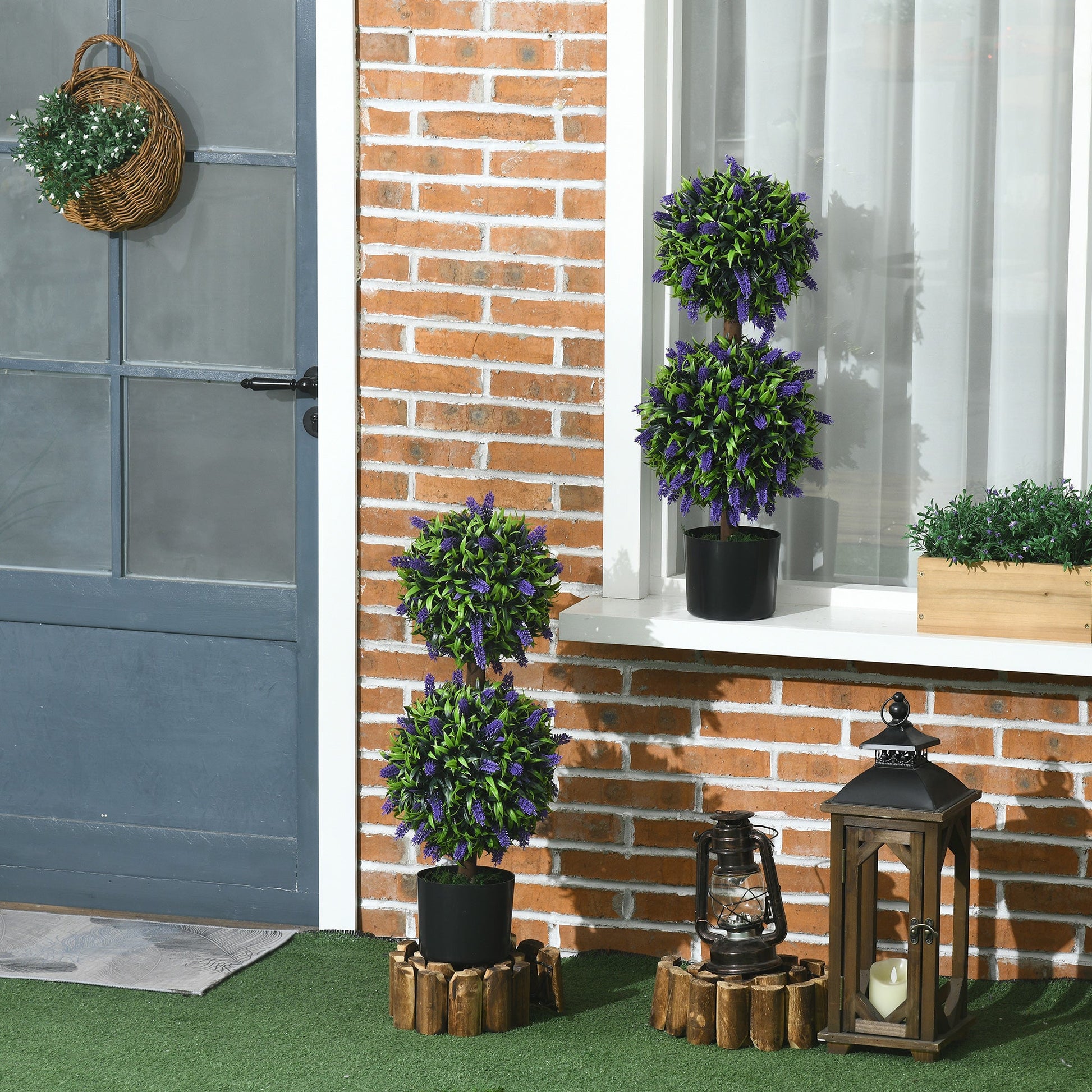 HOMCOM Set of 2 Decorative Artificial Plants Ball Trees with Lavender Flowers in Pot Fake Plants for Home Indoor Outdoor Decor, 70cm