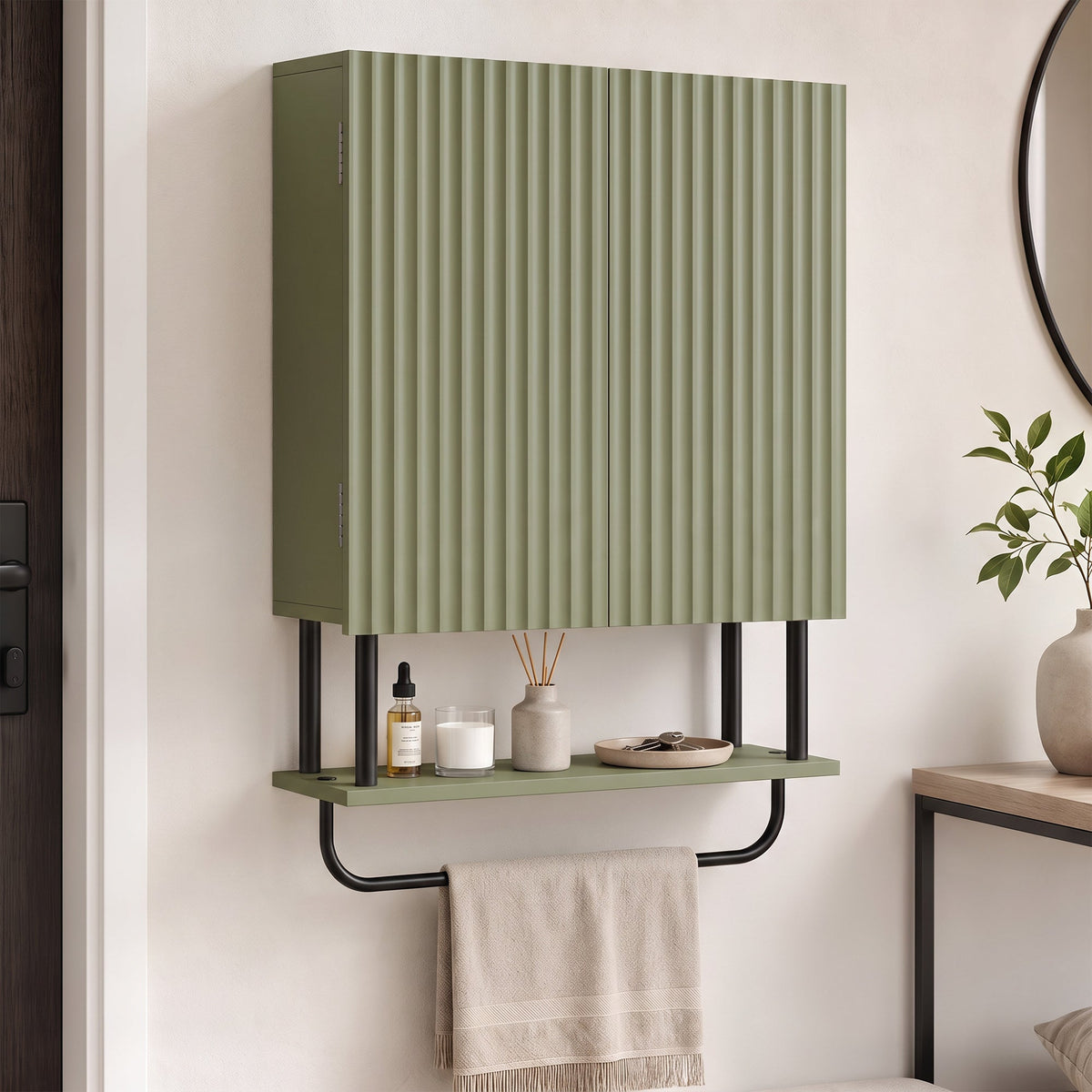 Bathroom Wall Cabinet with 2 Wavy Doors, Modern Bathroom Cabinet Wall Mounted Over Toilet with Hidden Storage and Open shelf, Towel Bar, Space Saving, Green