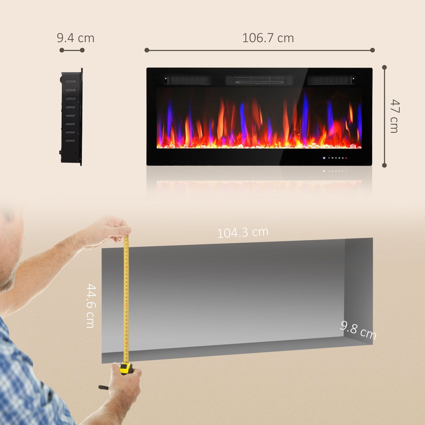 107cm/42" Electric Fireplace, Ultra-Slim Wall Mounted and Recessed Electric Fire Heater with Adjustable Flame and Thermostat, Eco Mode, Auto Switch, Weekly and 24H Timer, Remote, 900W/1800W