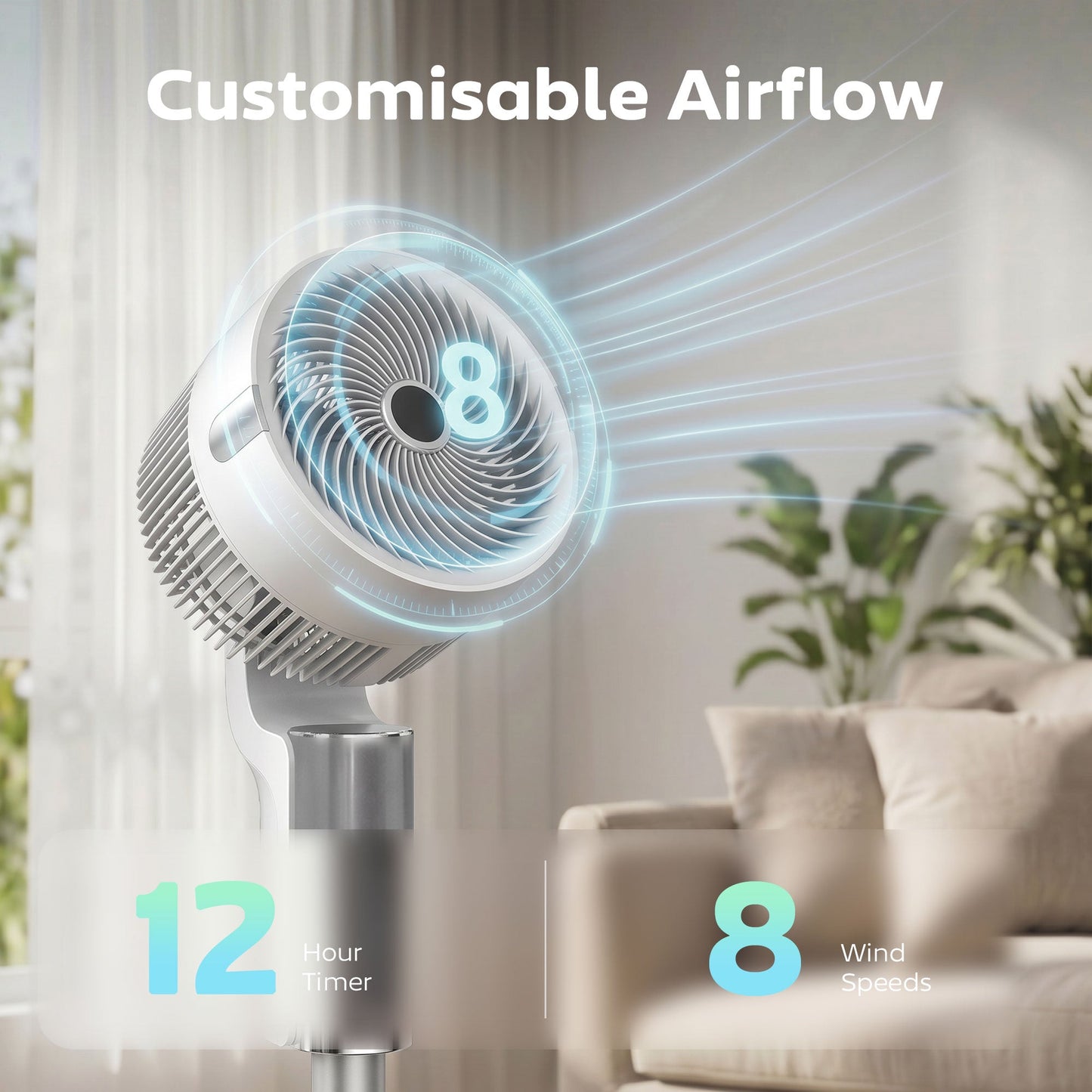 20 dB Silent Standing Fan for Bedroom, 44" Pedestal Fan with 55° Oscillating, 90° Vertical Tilt, 8 Speeds, LED Light, Remote Control, 12H Timer, Adjustable Height, White