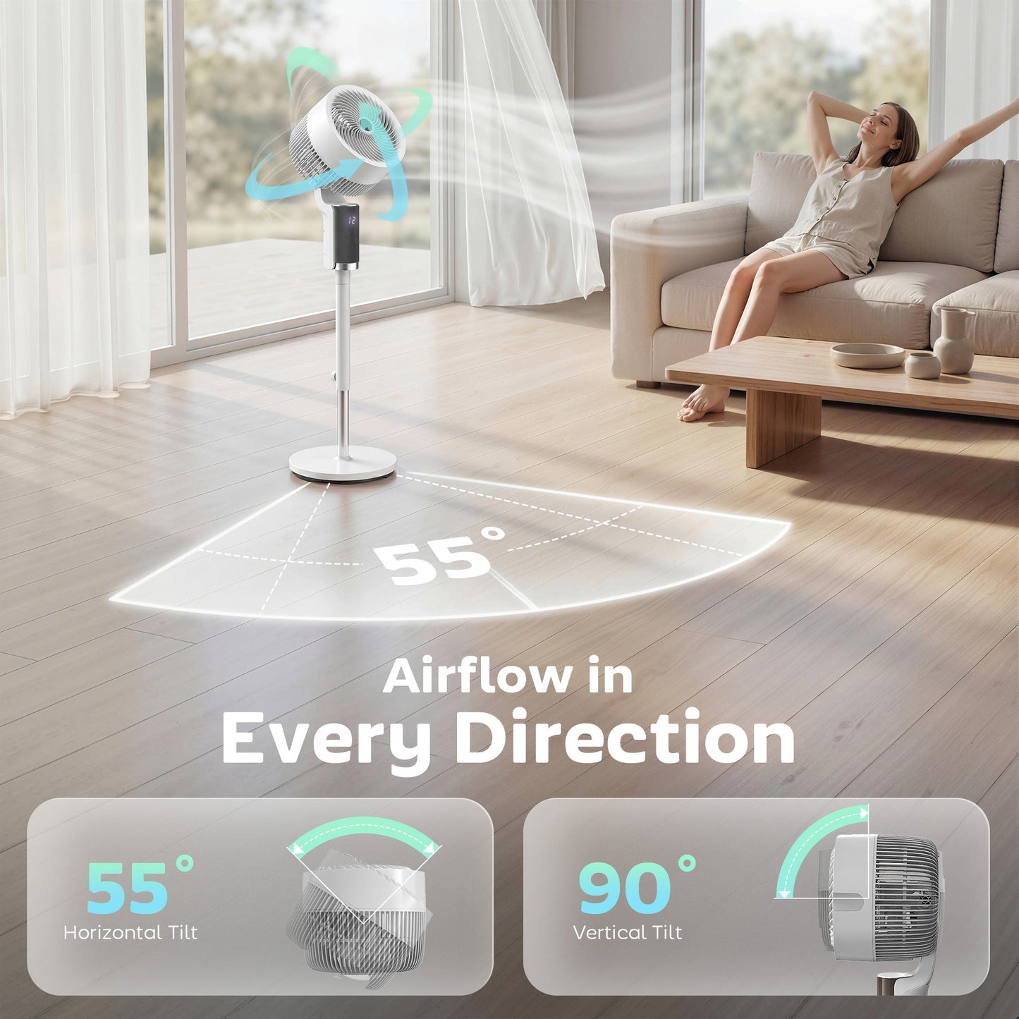 20 dB Silent Standing Fan for Bedroom, 44" Pedestal Fan with 55° Oscillating, 90° Vertical Tilt, 8 Speeds, LED Light, Remote Control, 12H Timer, Adjustable Height, White