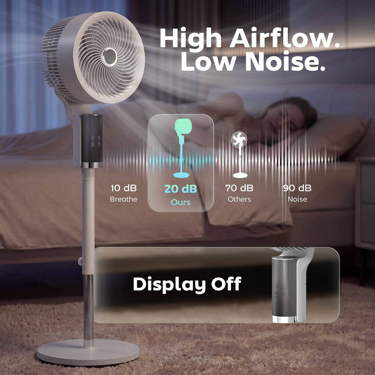 20 dB Silent Standing Fan for Bedroom, 44" Pedestal Fan with 55° Oscillating, 90° Vertical Tilt, 8 Speeds, LED Light, Remote Control, 12H Timer, Adjustable Height, White