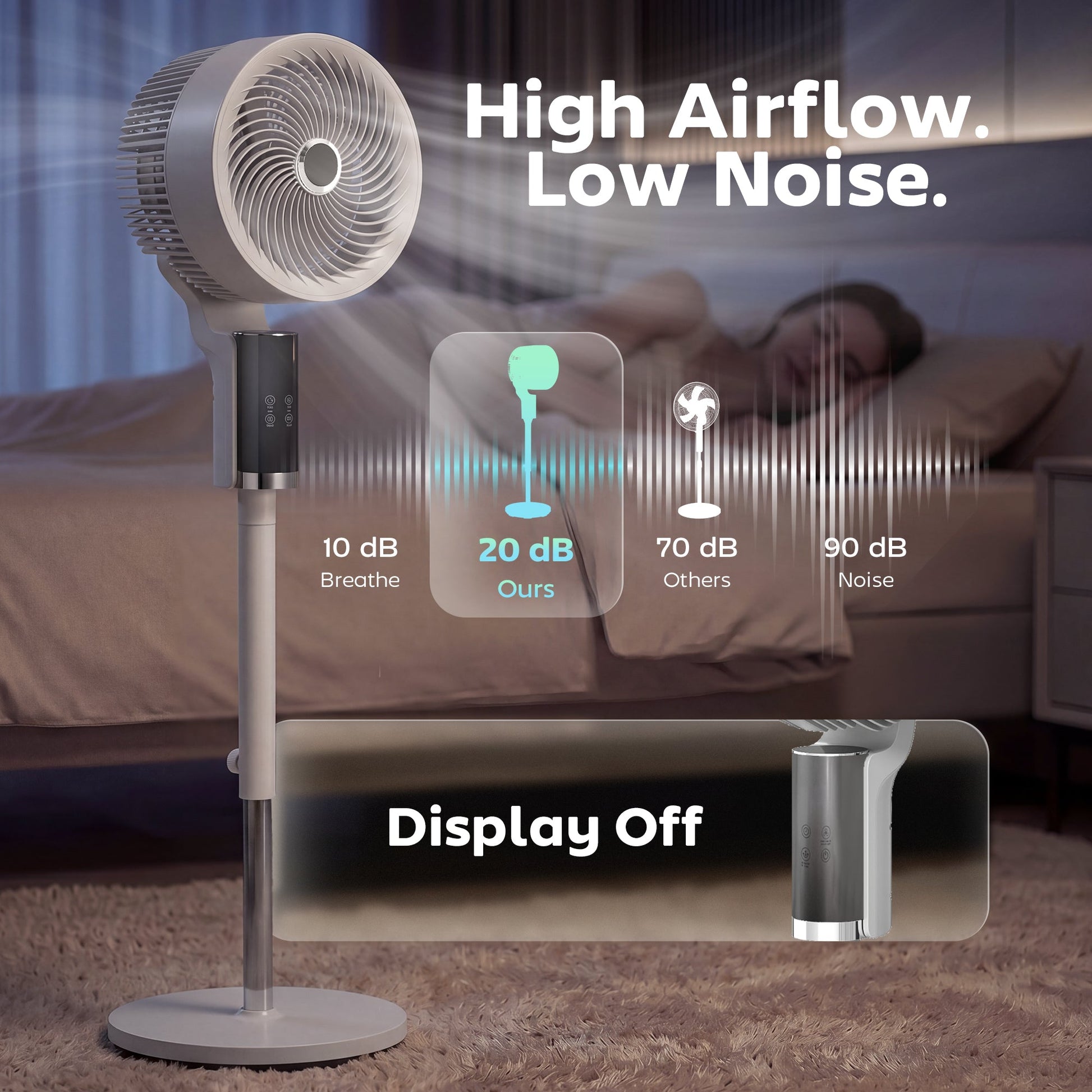 20 dB Silent Standing Fan for Bedroom, 44" Pedestal Fan with 55° Oscillating, 90° Vertical Tilt, 8 Speeds, LED Light, Remote Control, 12H Timer, Adjustable Height, White