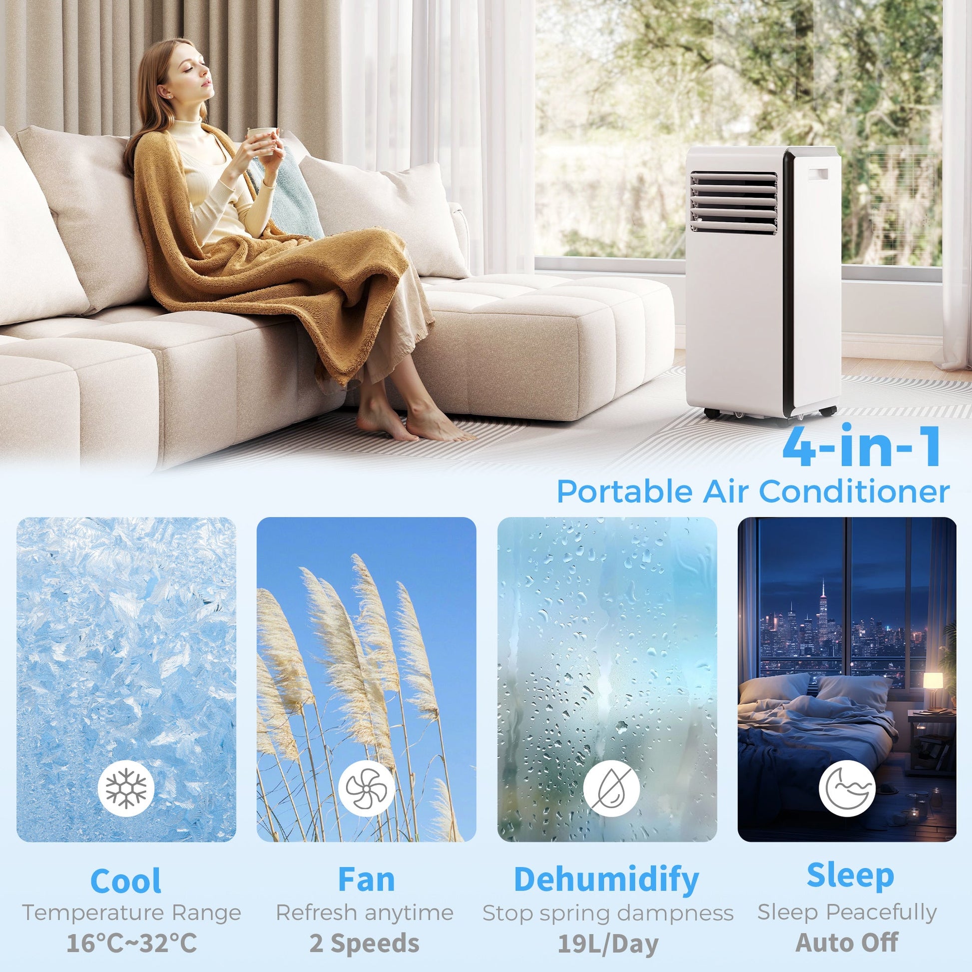 Portable Air Conditioner 7000 BTU, 4-in-1 Air Conditioning Unit with Cooling, Dehumidifier, Fan, Sleep Mode, Remote Control, 24H Timer, 2 Speeds, Child Lock, Window Kit, for Room up to 26 m²