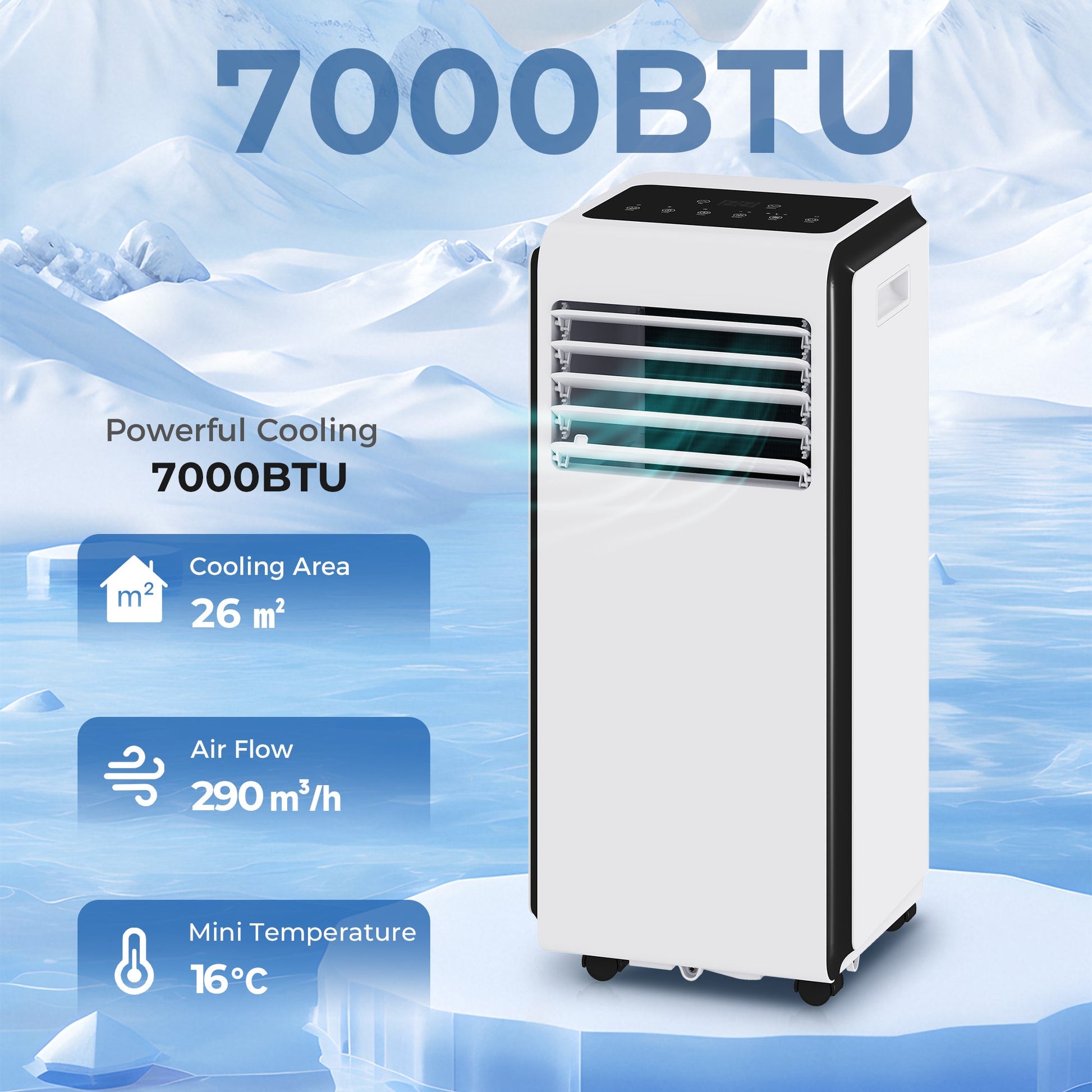 Portable Air Conditioner 7000 BTU, 4-in-1 Air Conditioning Unit with Cooling, Dehumidifier, Fan, Sleep Mode, Remote Control, 24H Timer, 2 Speeds, Child Lock, Window Kit, for Room up to 26 m²