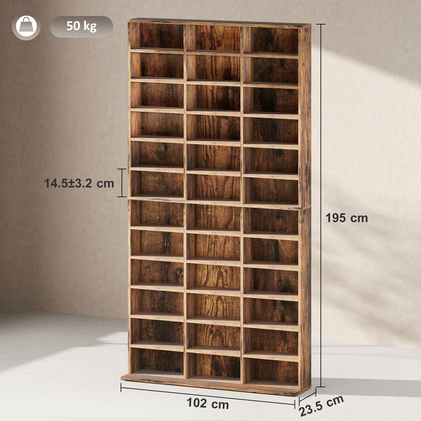 1116 CD/ 528 DVD Storage Unit, Media Storage Shelf, Wooden Display Unit with Adjustable Shelves, 102 x 195 cm, Rustic Brown