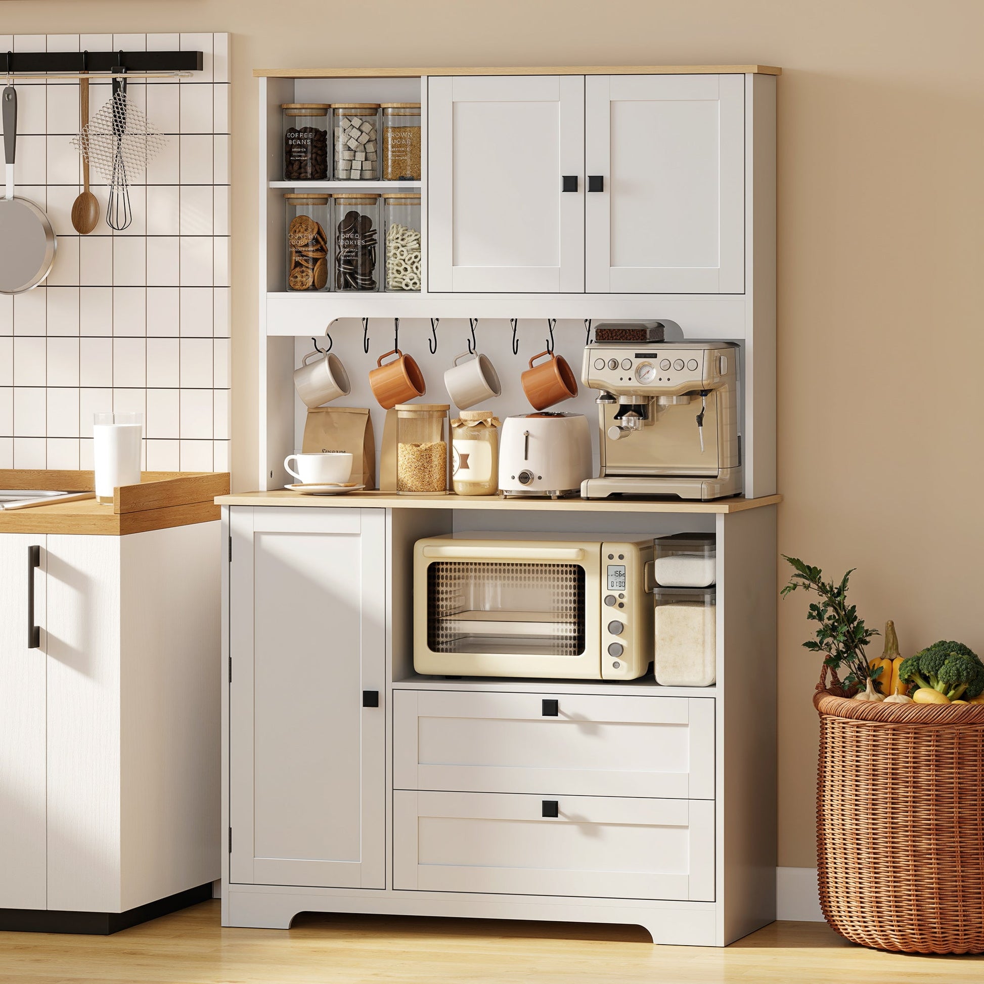 Kitchen Cupboard, Freestanding Kitchen Cabinet with 2 Cabinets, 2 Drawers, Open and Adjustable Shelves, Microwave Stand, Pantry Storage Cupboard for Dining Room and Living Room, White