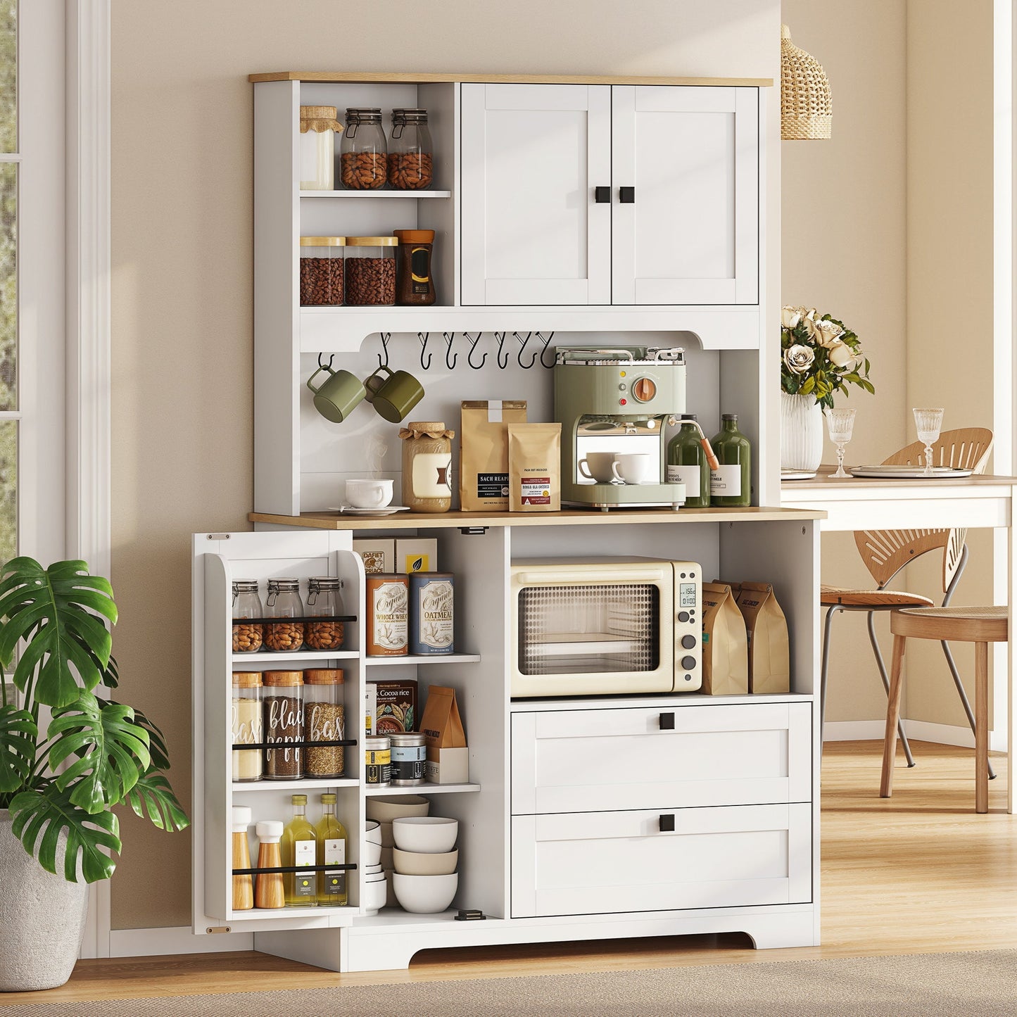 Kitchen Cupboard, Freestanding Kitchen Cabinet with 2 Cabinets, 2 Drawers, Open and Adjustable Shelves, Microwave Stand, Pantry Storage Cupboard for Dining Room and Living Room, White