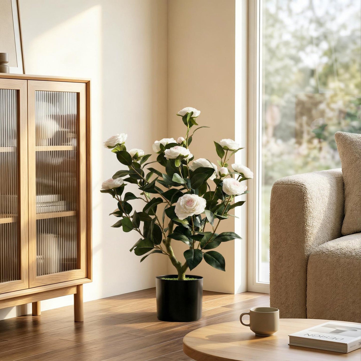 65cm Artificial Camellia Flower Plant in Pot, Realistic Silk Flowers with 116 Lush Leaves & Moss Effect, Faux Tree for Outdoor Indoor Garden Porch Decor