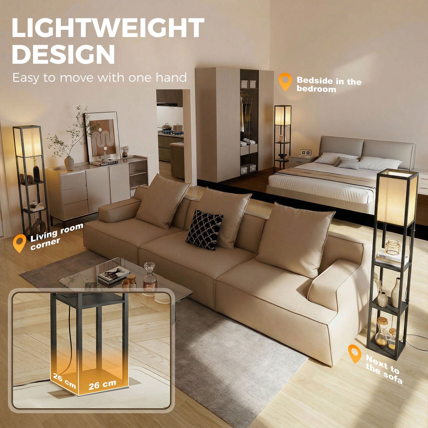 3-Tier Floor Lamp with Shelves and Storage, Modern Corner Standing Lamp with LED Bulb, Lampshade, Reading Light with Foot Switch for Living Room, Bedroom, Home Office, Black