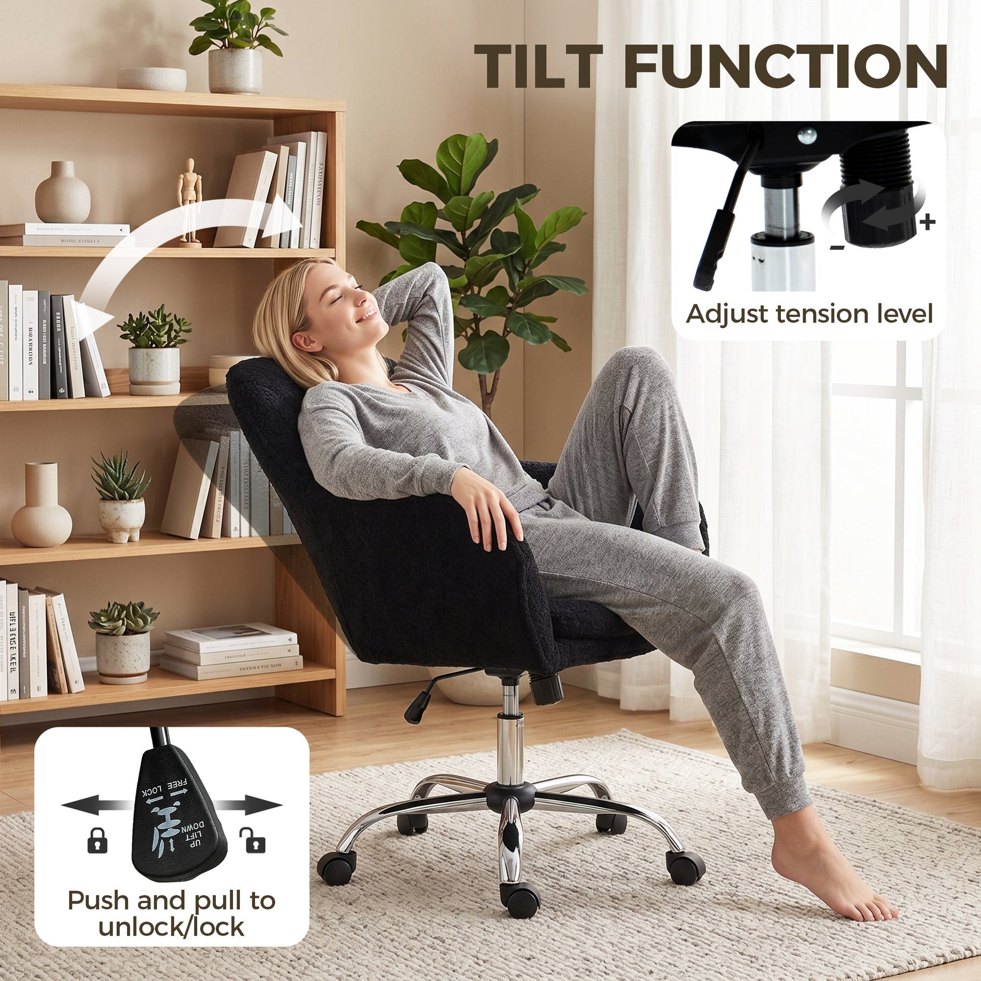 Snow Flannel Office Chair, Modern Makeup Vanity Chair with Tub Back, Swivel Rolling Computer Armchair for Bedroom, Living Room, Black