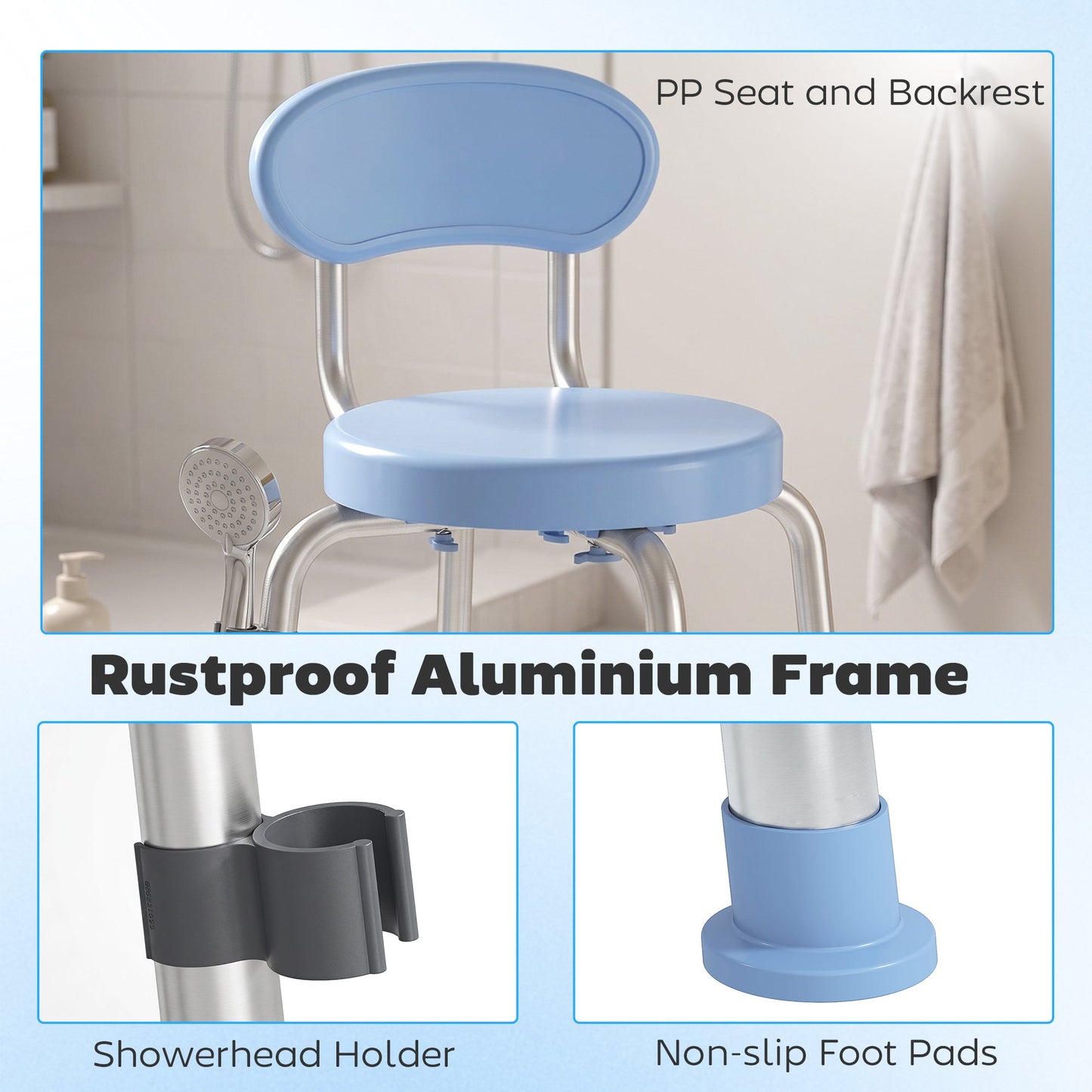 360° Swivel Shower Stool, Rotating Round Bath Seat Chair with Aluminium Frame, 5-Level Adjustable Height and Backrest, Non-Slip Shower Chair for Elderly, Disabled & Post-Surgery