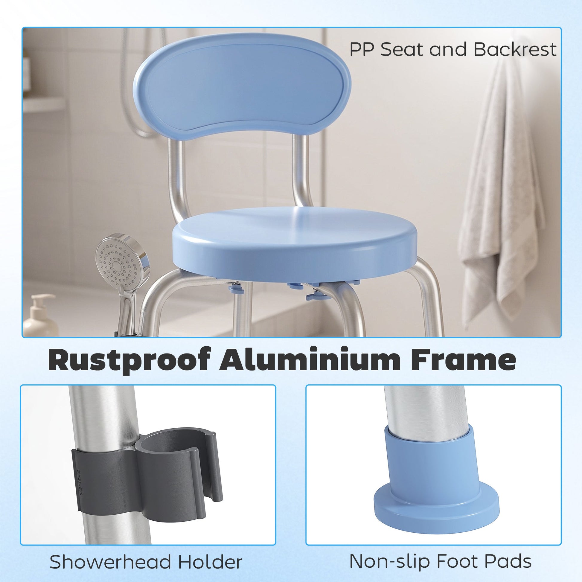 360° Swivel Shower Stool, Rotating Round Bath Seat Chair with Aluminium Frame, 5-Level Adjustable Height and Backrest, Non-Slip Shower Chair for Elderly, Disabled & Post-Surgery