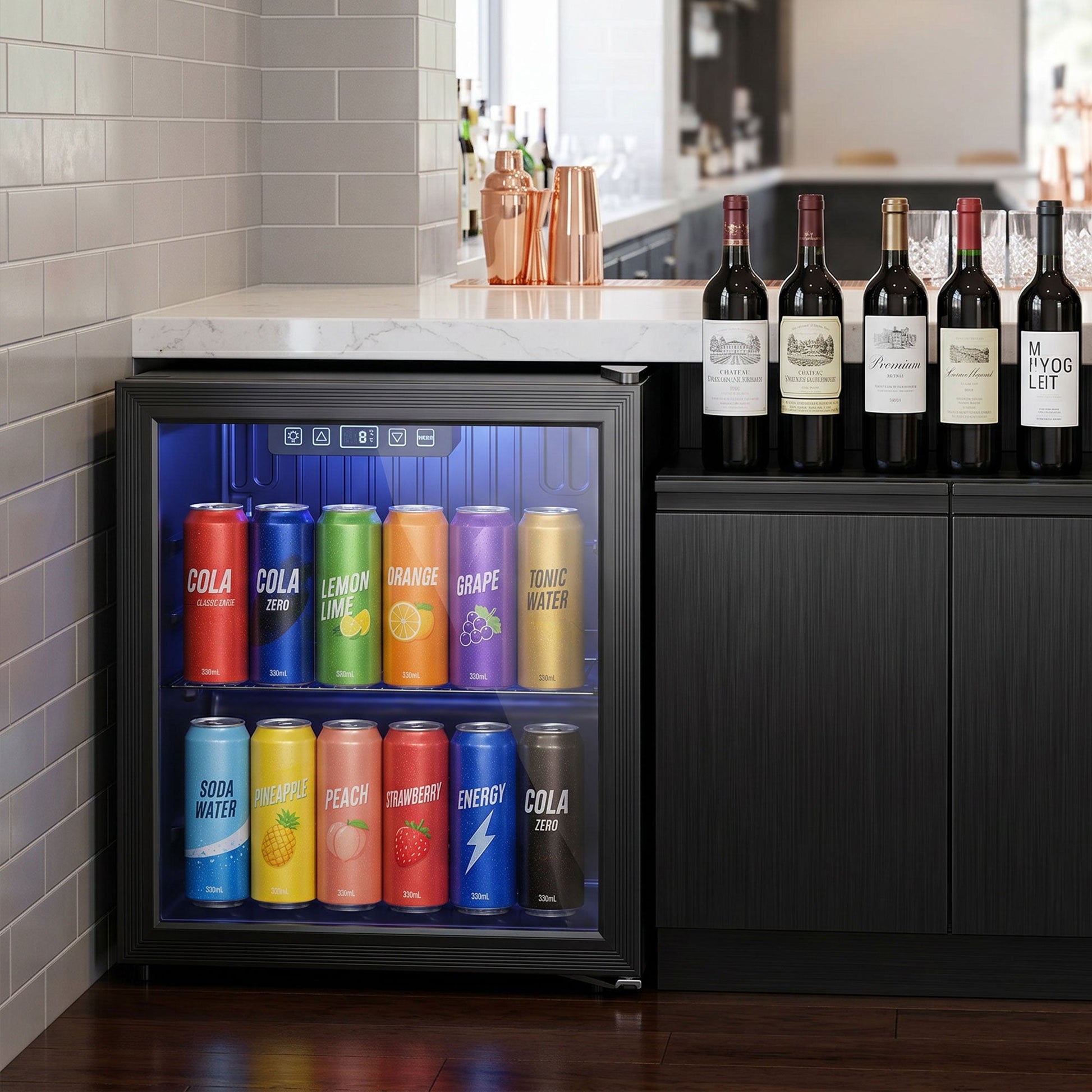 50L Drinks Fridge, 48 Can Under Counter Freestanding Beer Fridge with Double-Layer Glass Door, Wine Cooler with LED Light, Adjustable Shelf, Beverage Cooler for Soda Beer, Home Office
