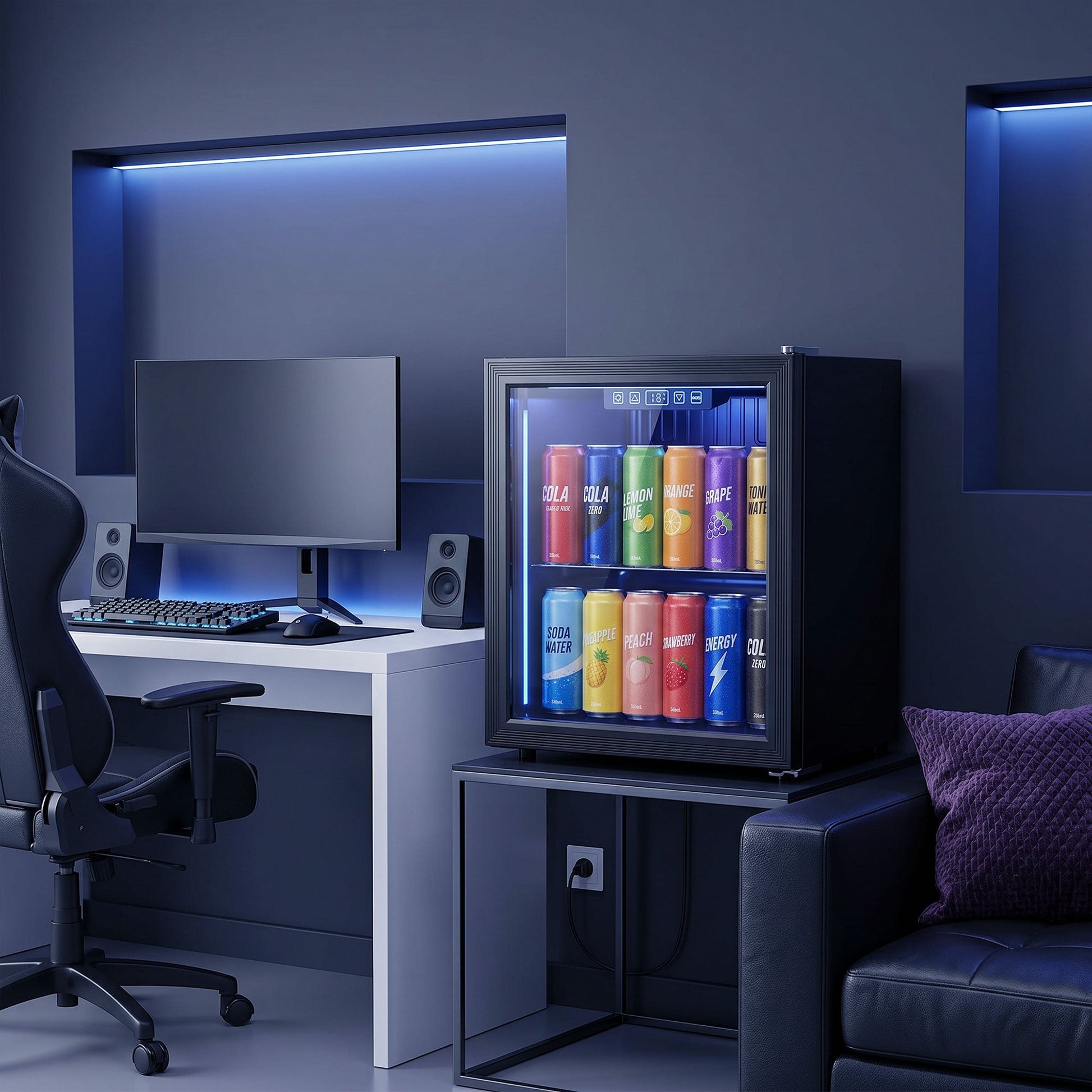 50L Drinks Fridge, 48 Can Under Counter Freestanding Beer Fridge with Double-Layer Glass Door, Wine Cooler with LED Light, Adjustable Shelf, Beverage Cooler for Soda Beer, Home Office