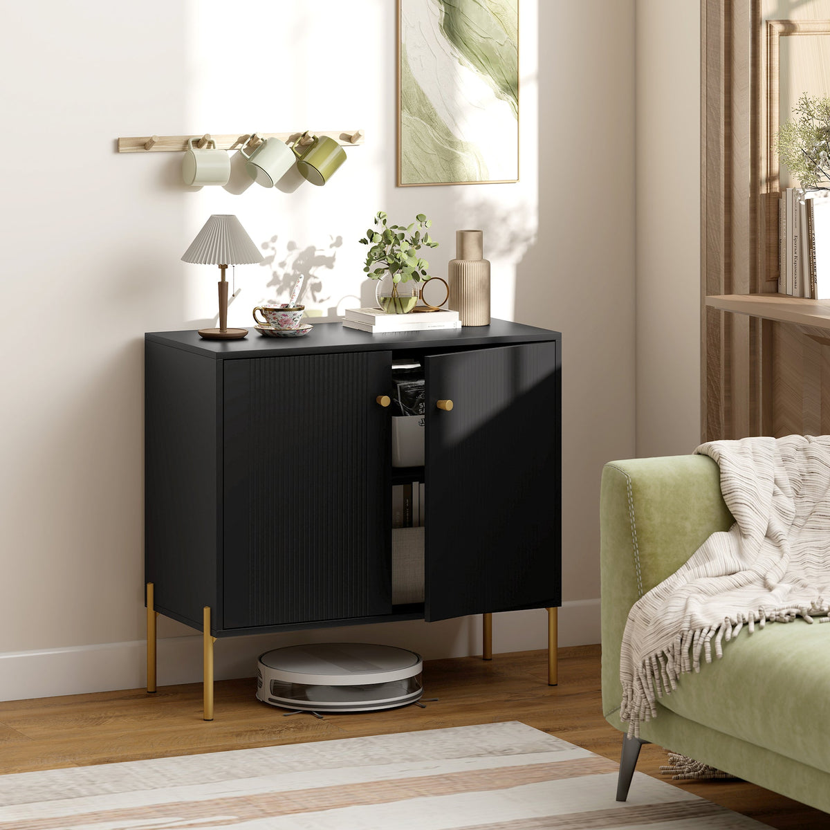 Modern Sideboard Buffet Cabinet with Fluted Doors, Coffee Bar Cabinet with Adjustable Shelf and Steel Legs for Kitchen, Dining Room, Living Room, Black
