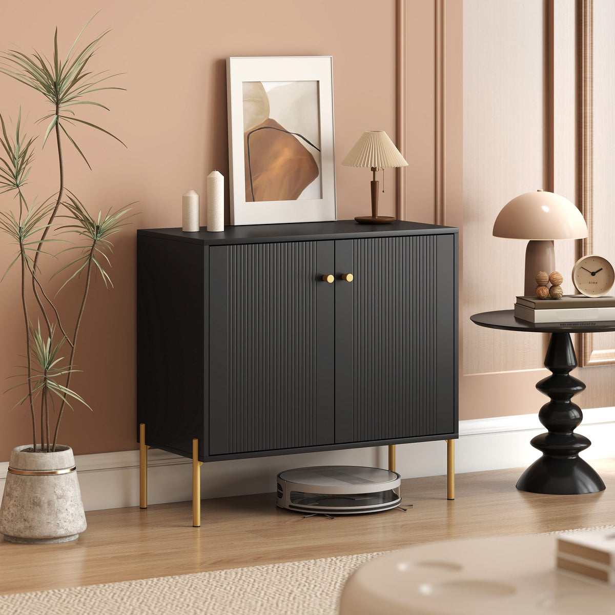 Modern Sideboard Buffet Cabinet with Fluted Doors, Coffee Bar Cabinet with Adjustable Shelf and Steel Legs for Kitchen, Dining Room, Living Room, Black