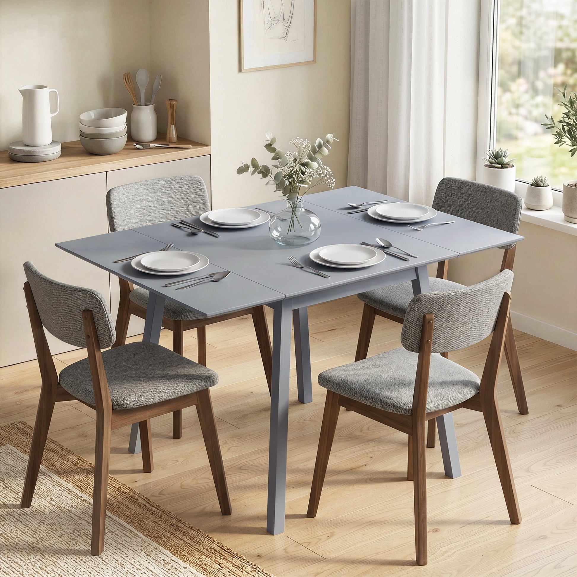 Solid Wood Folding Dining Table, Drop Leaf Table for 2-4 People,  Rectangle Kitchen Table for Small Space, Grey