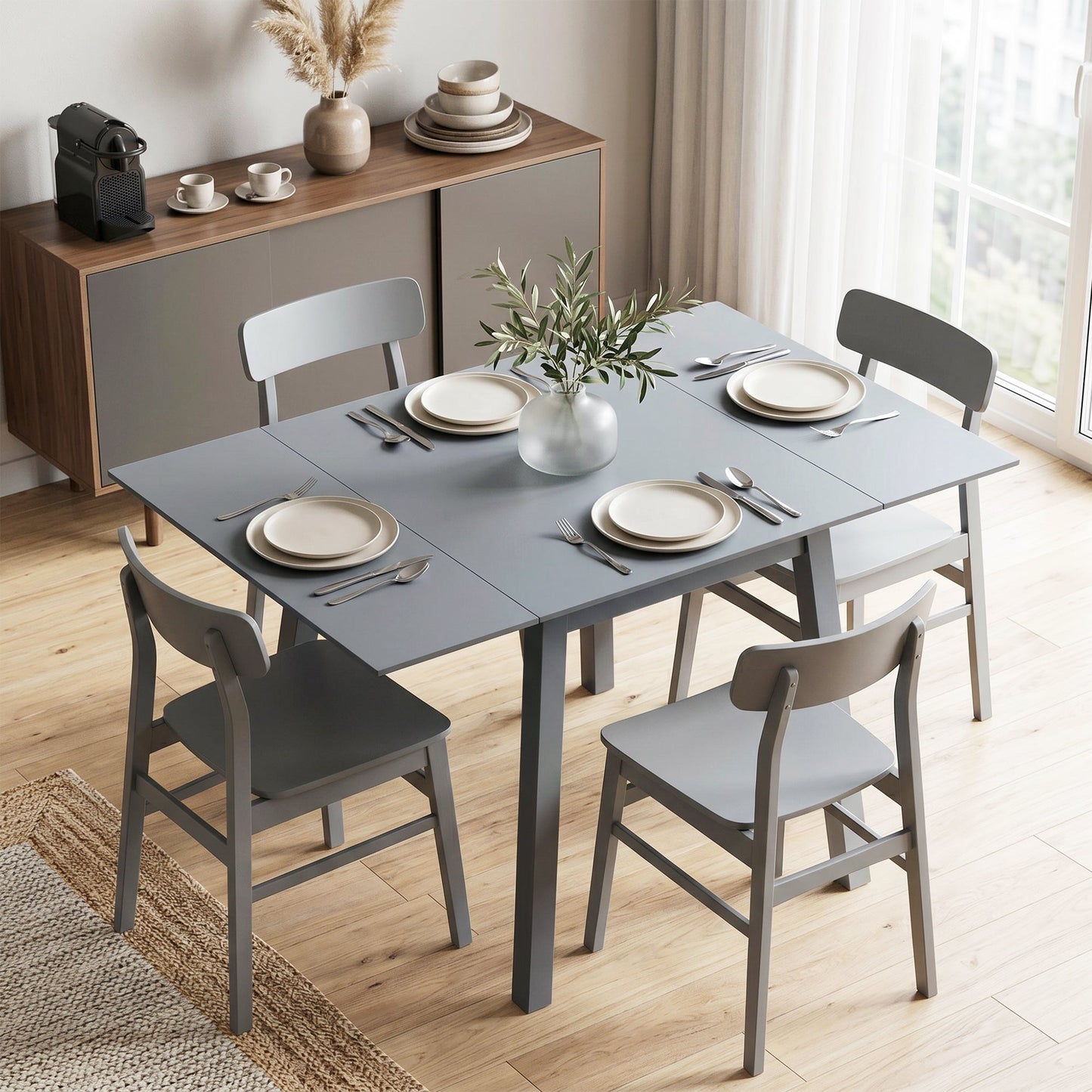 Solid Wood Folding Dining Table, Drop Leaf Table for 2-4 People,  Rectangle Kitchen Table for Small Space, Grey