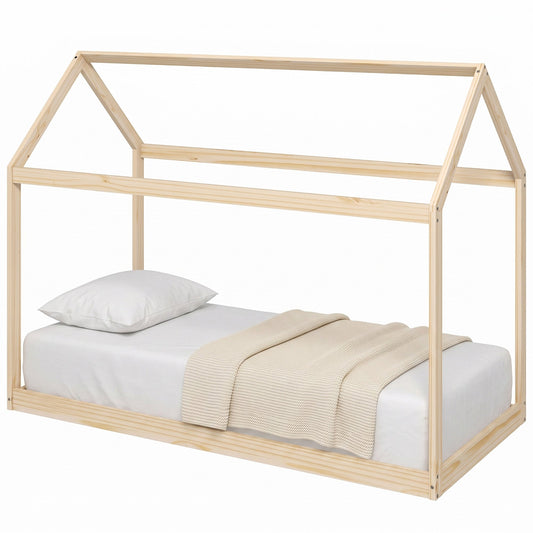 Single Bed Frame, House Scandinavian Style Wooden Bed Frame for 90W x 190Dcm Mattress, Pine Wood Bed Base, Natural Wood Finish