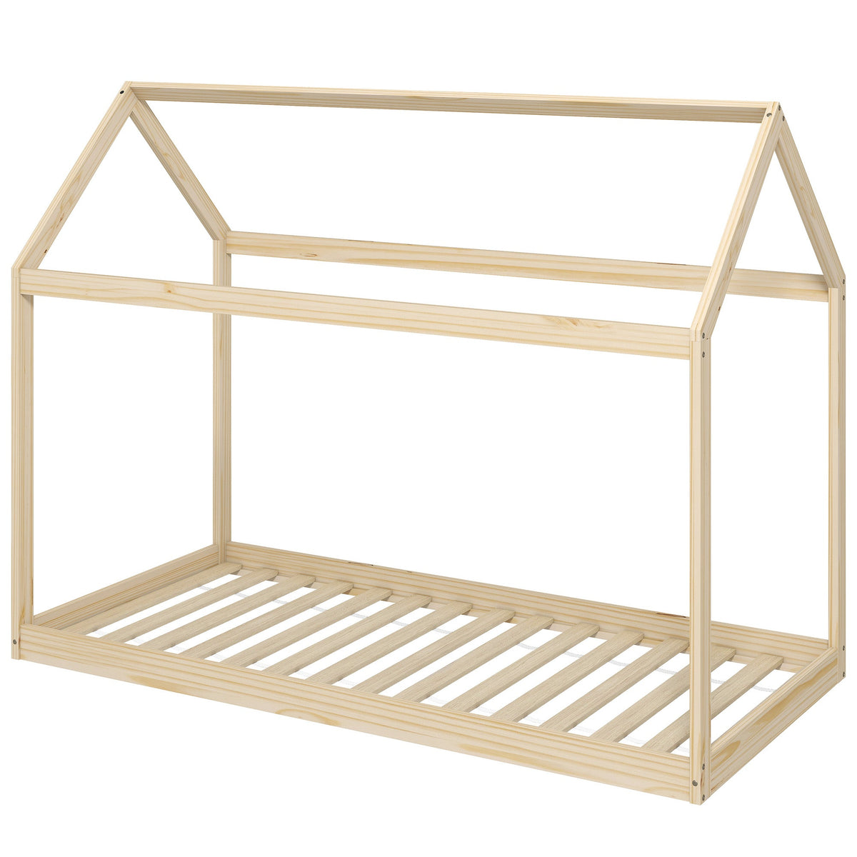 Single Bed Frame, House Scandinavian Style Wooden Bed Frame for 90W x 190Dcm Mattress, Pine Wood Bed Base, Natural Wood Finish