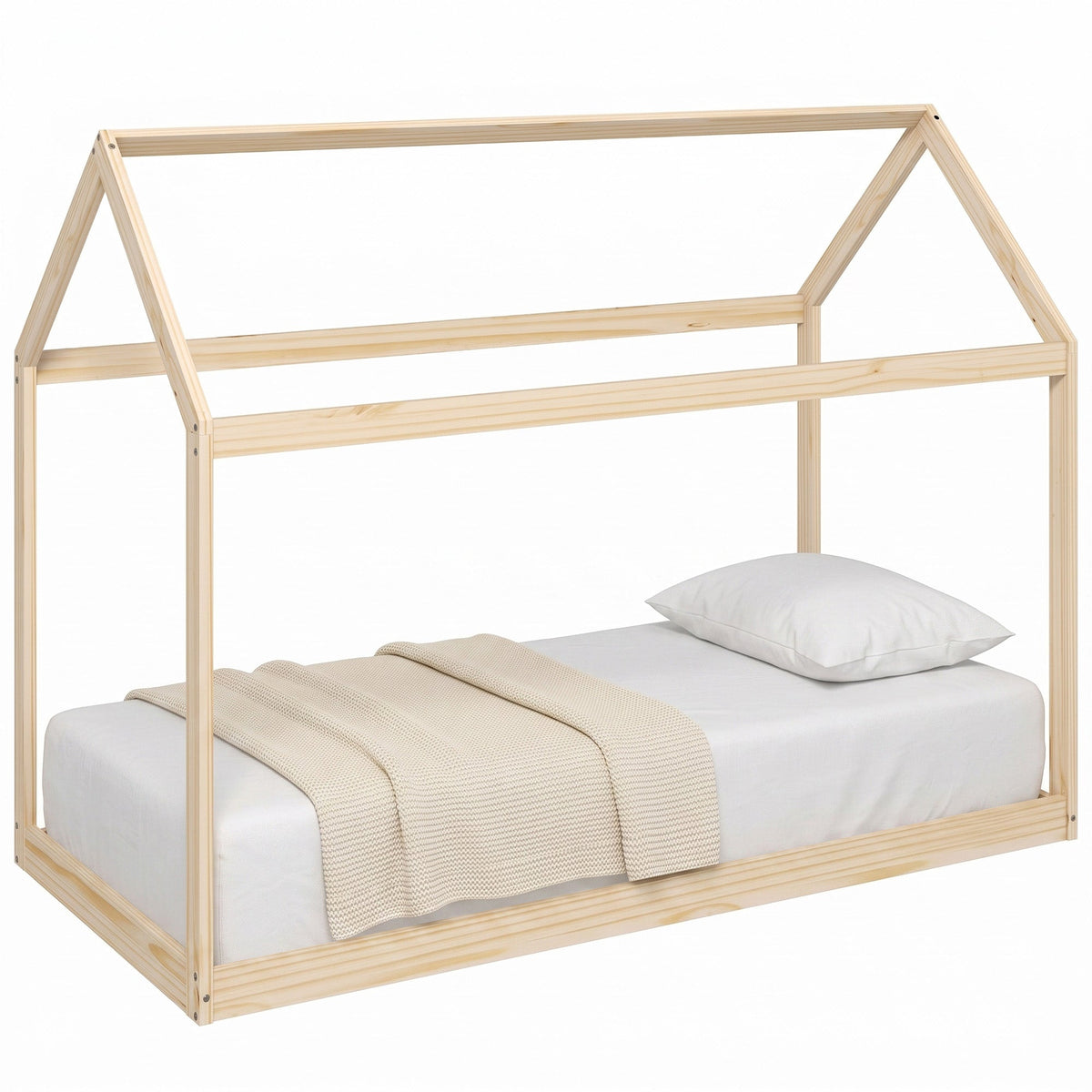 Single Bed Frame, House Scandinavian Style Wooden Bed Frame for 90W x 190Dcm Mattress, Pine Wood Bed Base, Natural Wood Finish