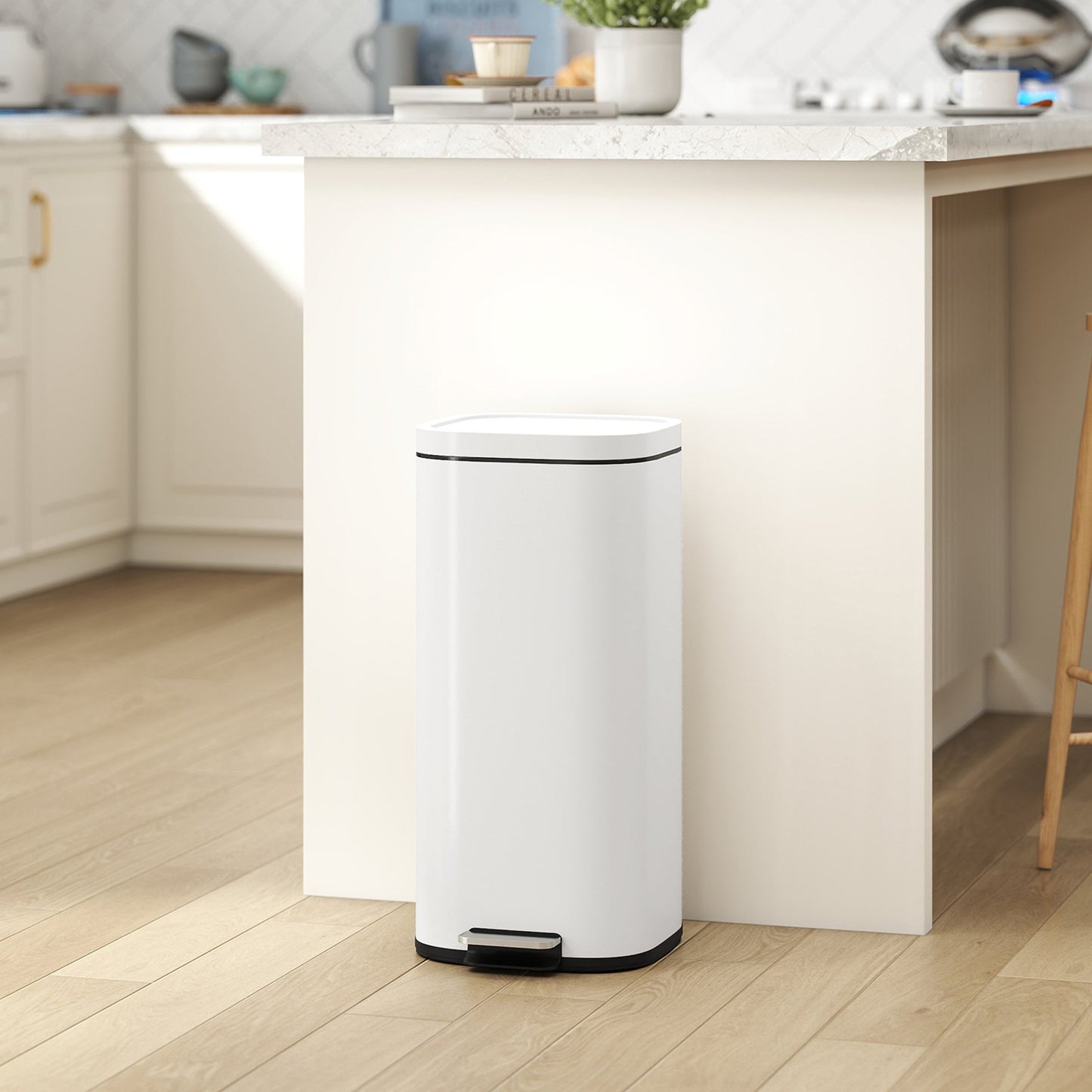 30L Kitchen Bin with Lid, Compact Pedal Bin with Soft-Close and Stay-Open Lid, Removable Inner Bucket, Fingerprint-Resistant for Kitchen, Home, Office, Bedroom, Cream White