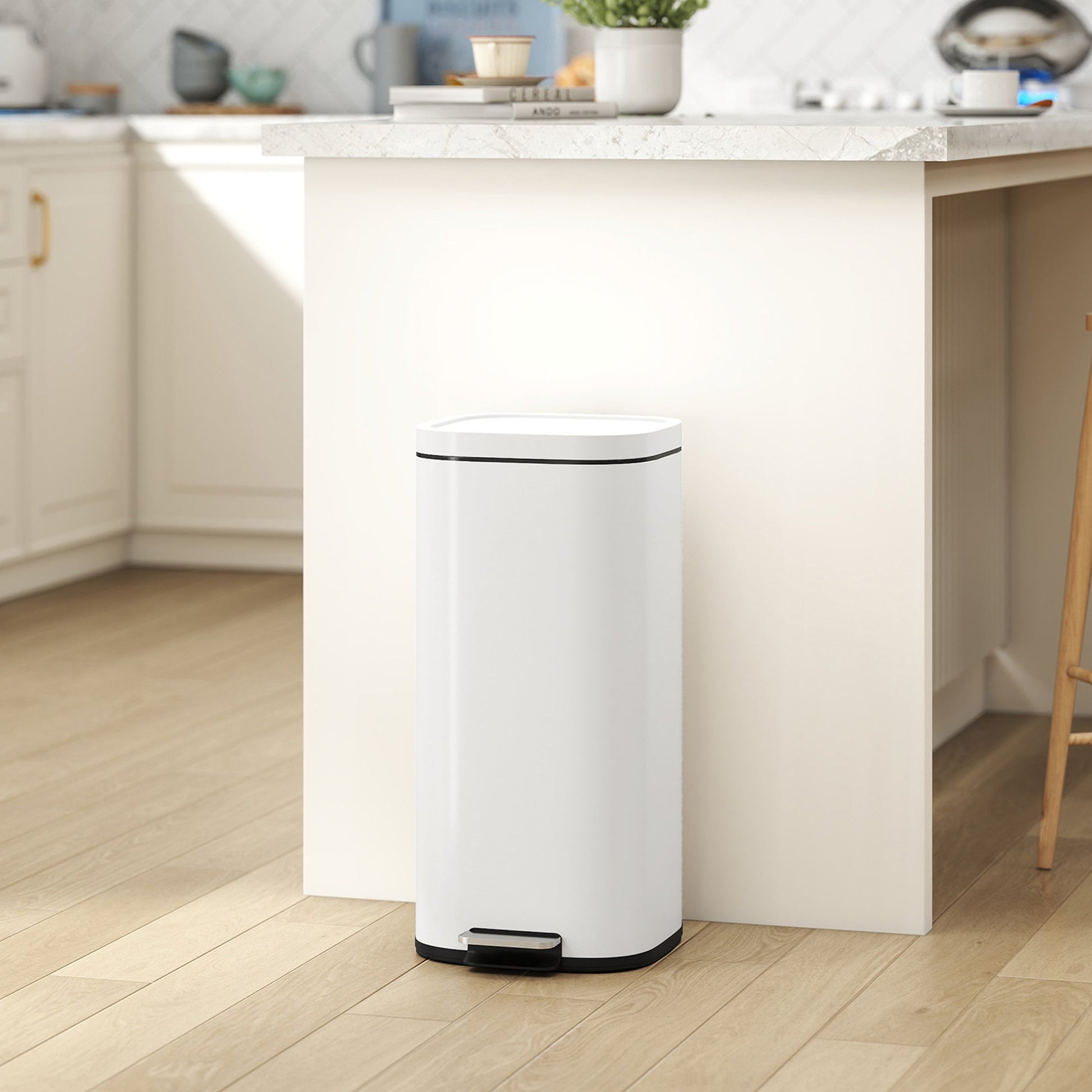 30L Kitchen Bin with Lid, Compact Pedal Bin with Soft-Close and Stay-Open Lid, Removable Inner Bucket, Fingerprint-Resistant for Kitchen, Home, Office, Bedroom, Cream White