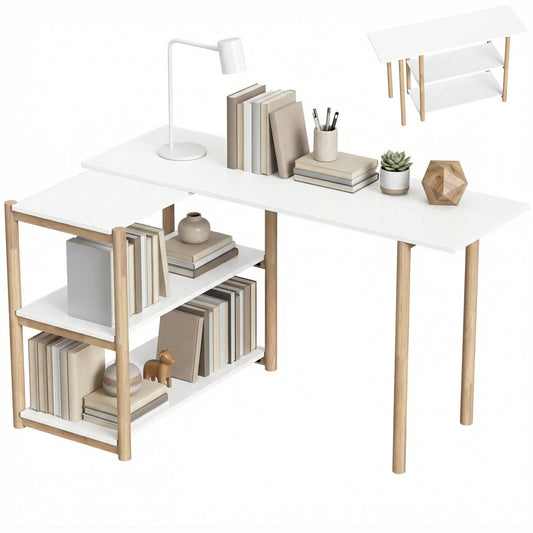 Computer Desk, Modern Writing Desk with Storage Shelves and Bamboo Frame, Easy Assembly Study Table for Home Office, Bedroom, 150 cm, White and Oak
