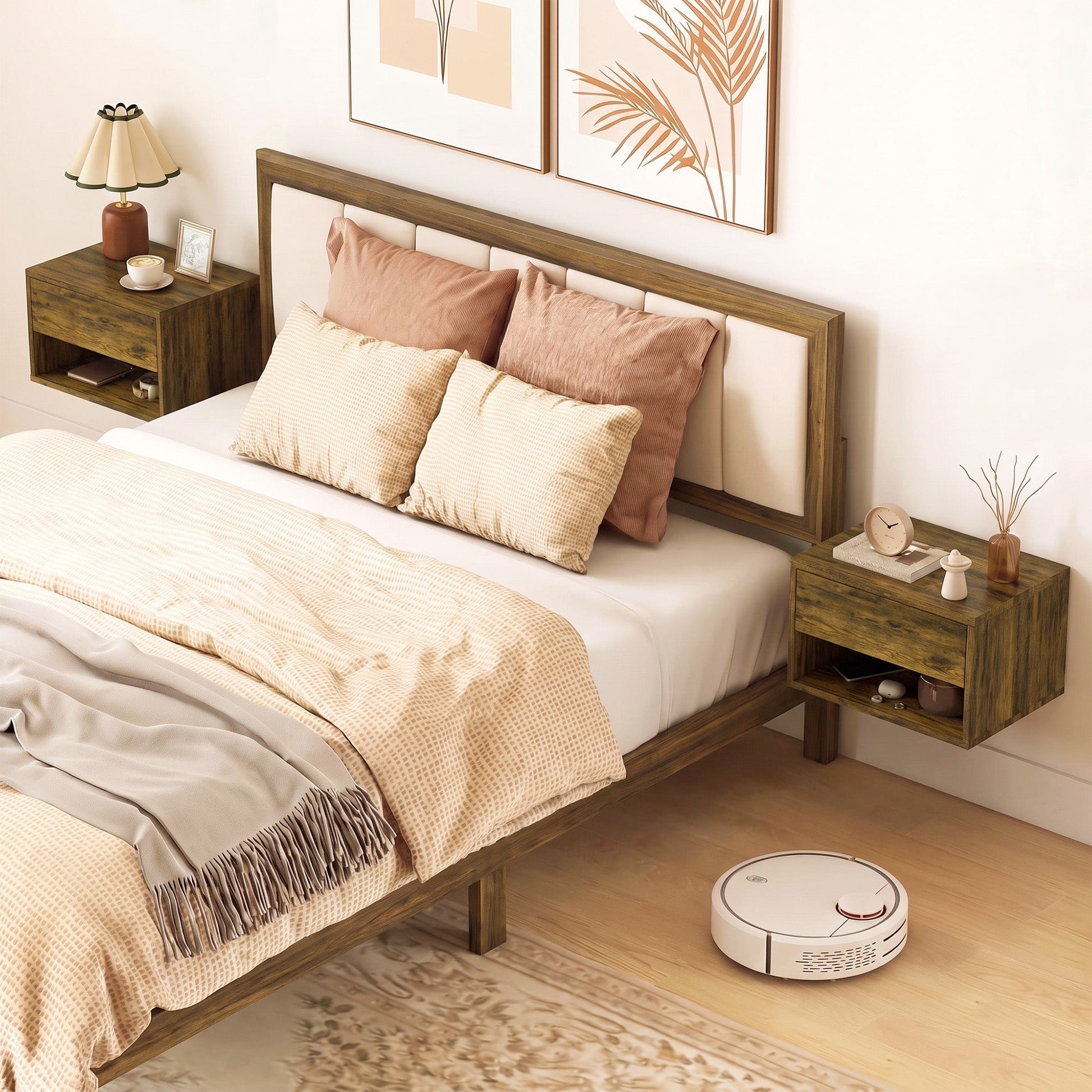 Floating Bedside Tables Set of 2, Wall Mounted Nightstand with Drawer and Open Shelf for Bedroom, Rustic Brown