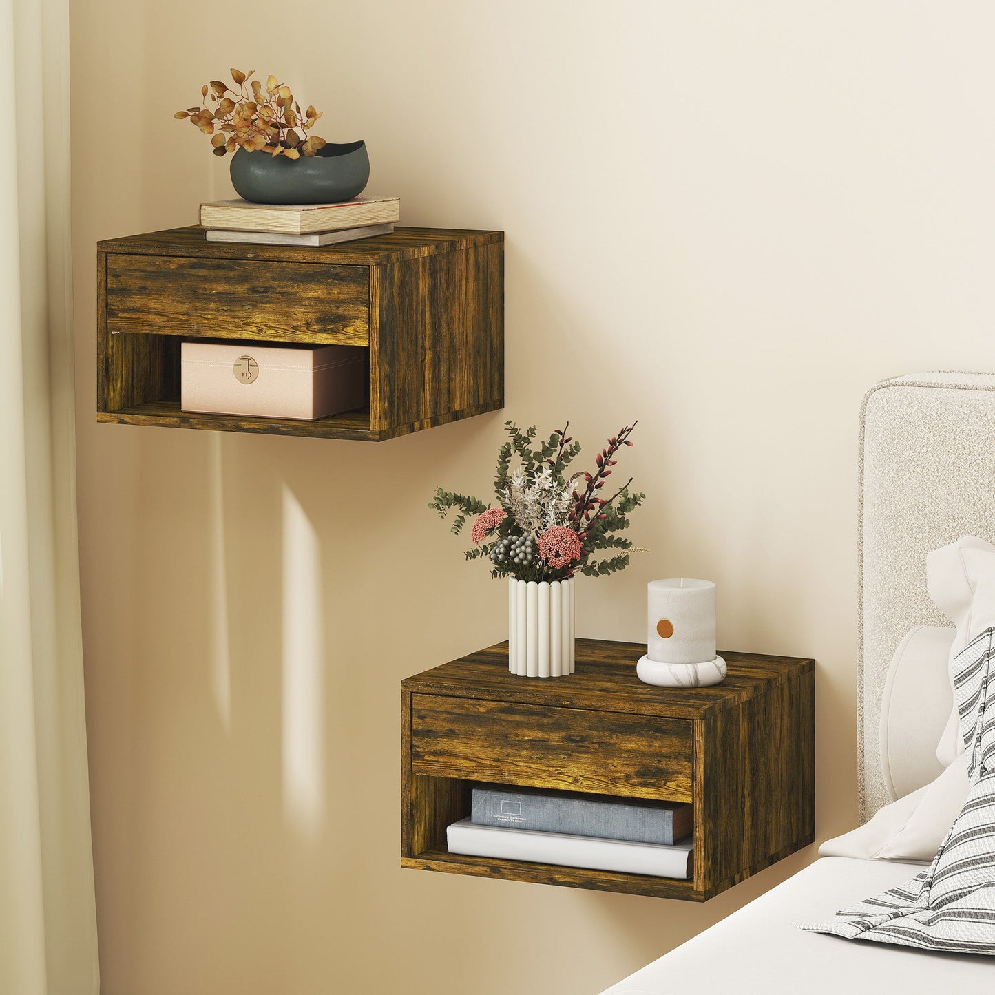 Floating Bedside Tables Set of 2, Wall Mounted Nightstand with Drawer and Open Shelf for Bedroom, Rustic Brown