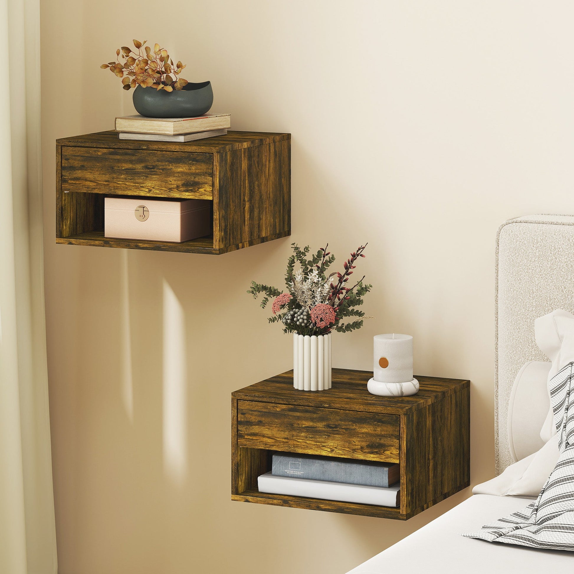 Floating Bedside Tables Set of 2, Wall Mounted Nightstand with Drawer and Open Shelf for Bedroom, Rustic Brown
