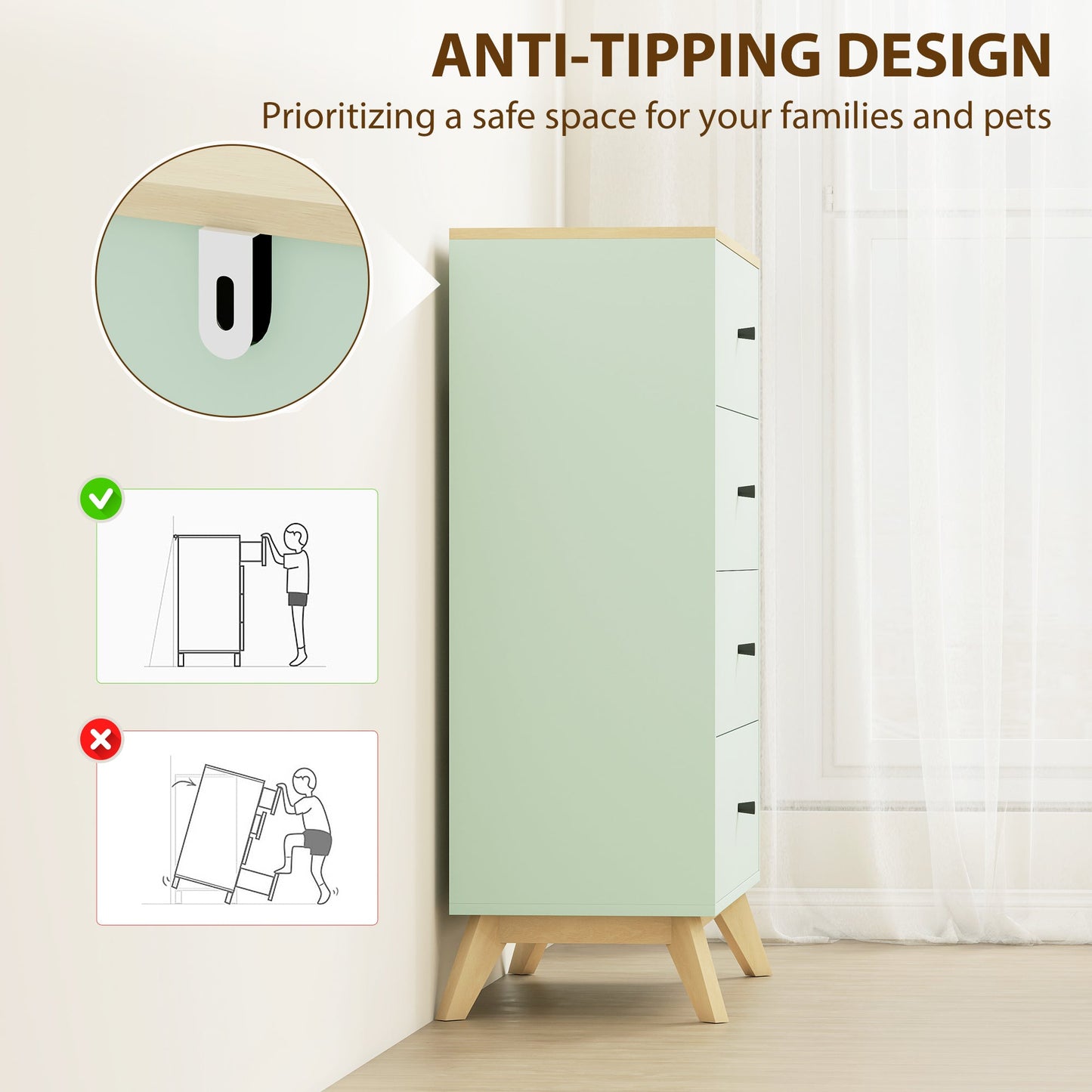 Chest of Drawers, 4 Drawer Storage Cabinet Floor Tower Cupboard for Bedroom Living Room, Light Green and Oak