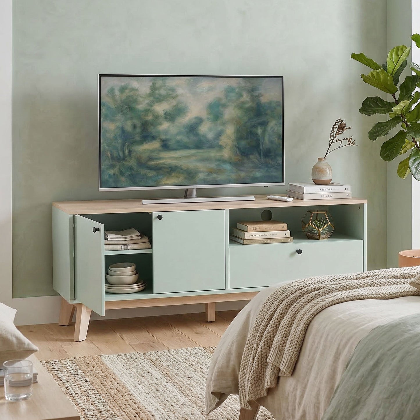 TV Stand Cabinet for Television up to 36 Inch, Modern TV Unit with 2 Doors and Open Shelf, Entertainment Center with Adjustable Shelf for Living Room, Light Green
